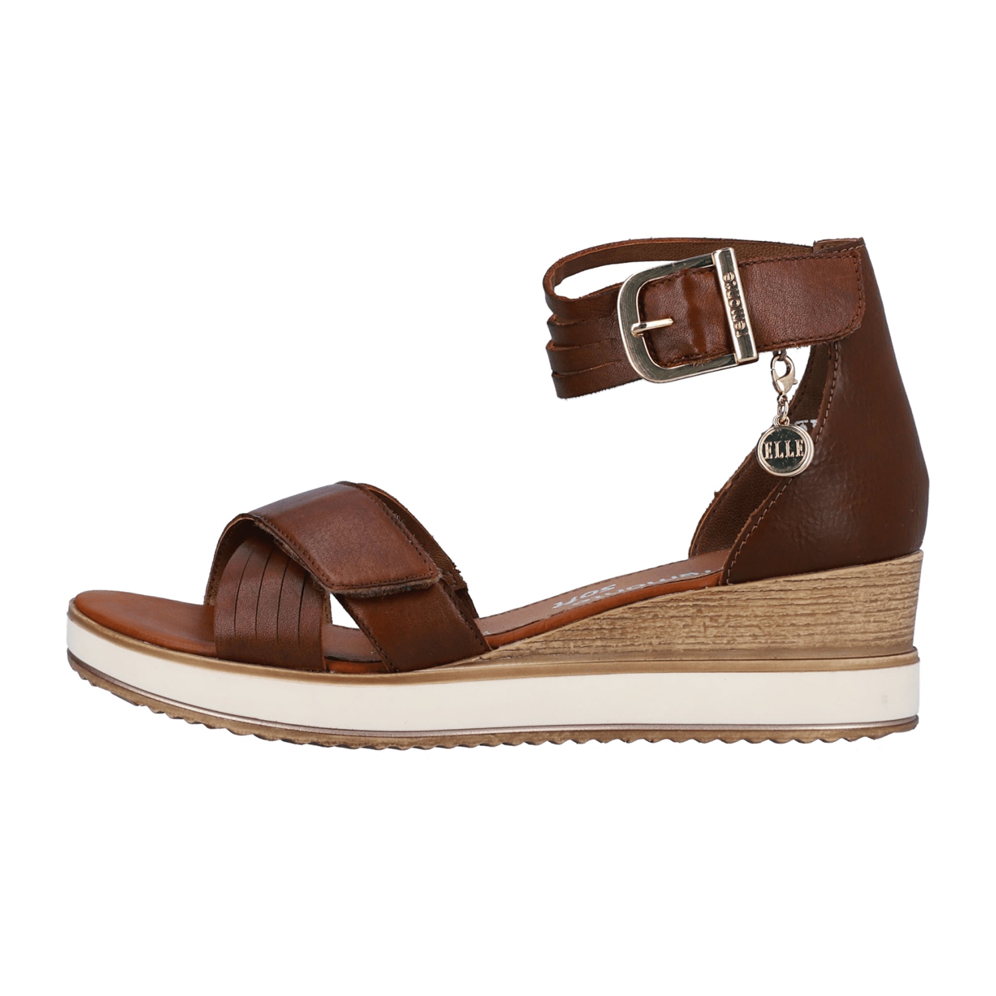Remonte Women's Brown Leather Wedge Sandals Comfortable Cross Straps Velcro Closure