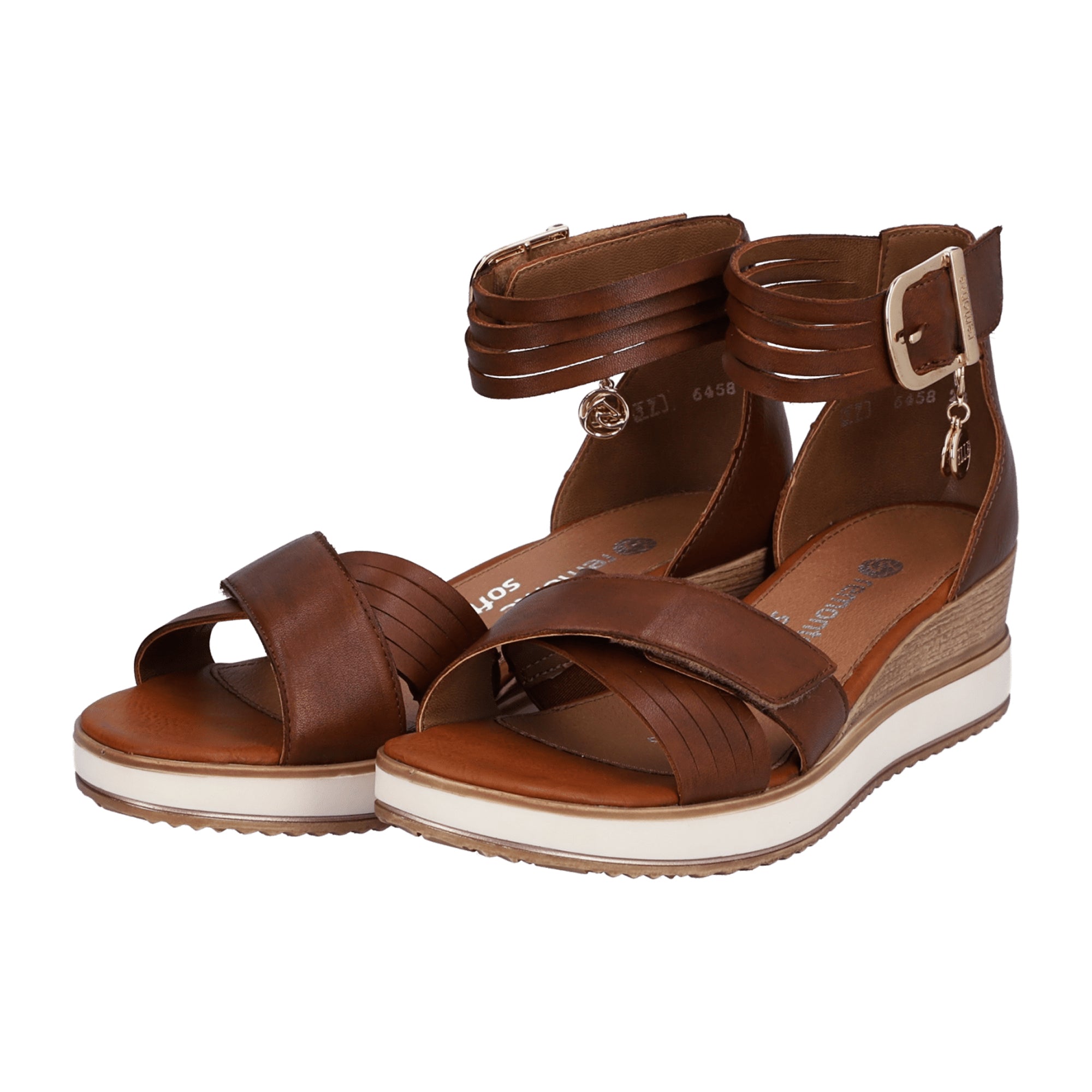 Remonte Women's Brown Leather Wedge Sandals Comfortable Cross Straps Velcro Closure