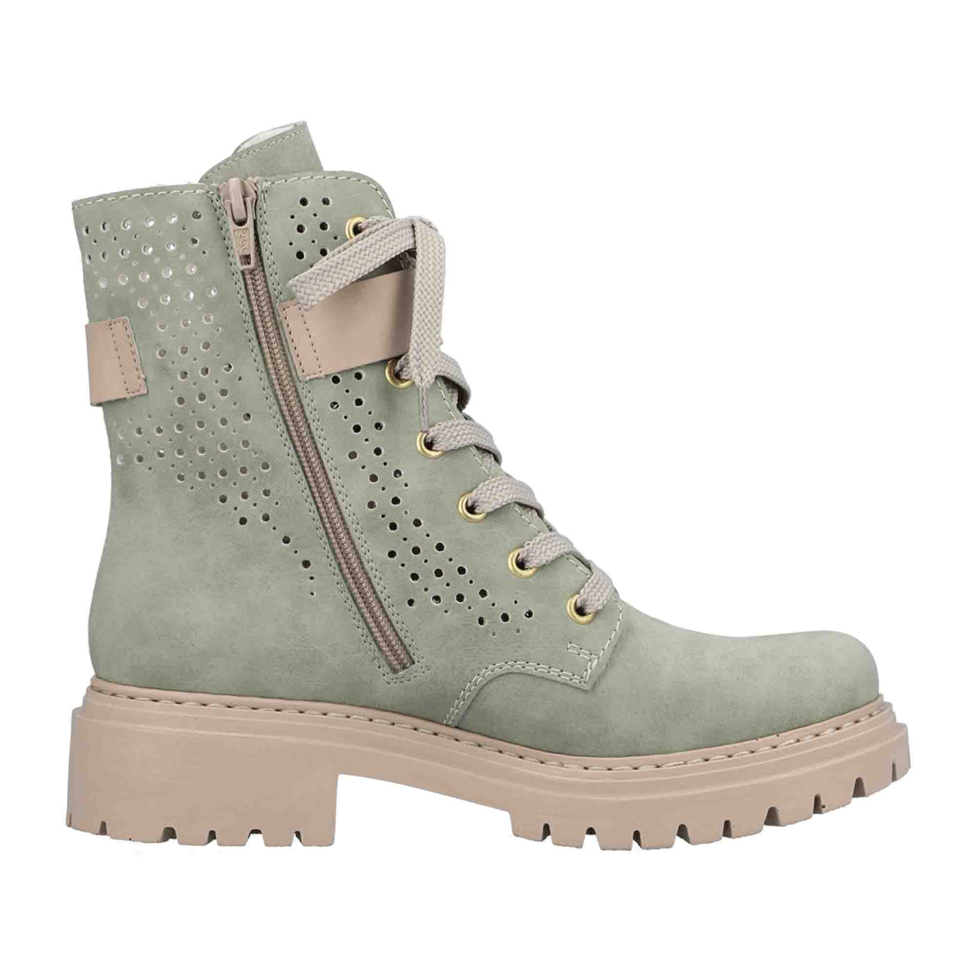 Rieker Women's Green Lace-Up Boots with Comfort Sole and Decorative Buckle