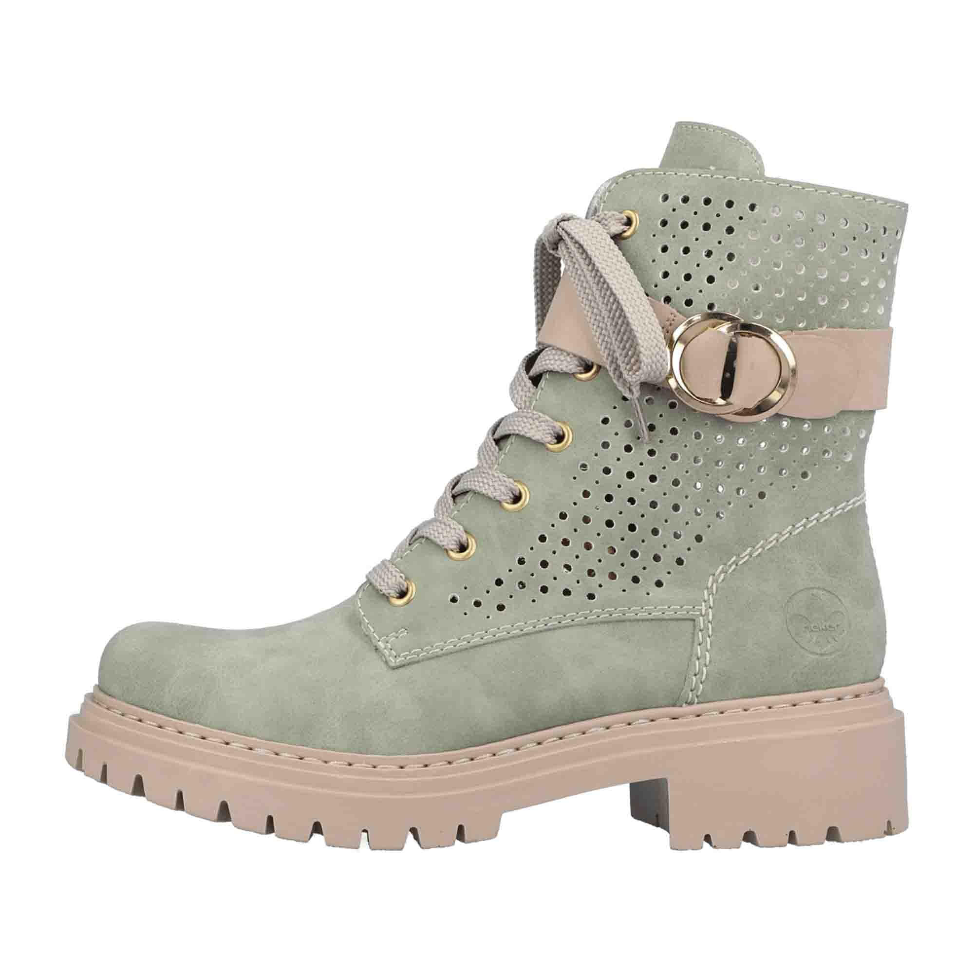 Rieker Women's Green Lace-Up Boots with Comfort Sole and Decorative Buckle