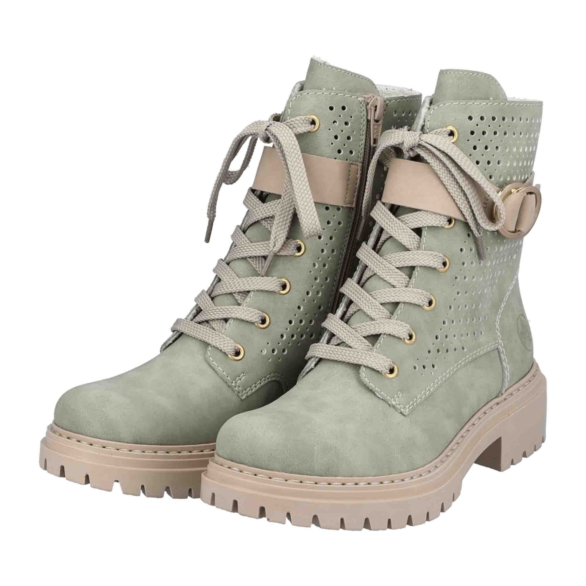 Rieker Women's Green Lace-Up Boots with Comfort Sole and Decorative Buckle