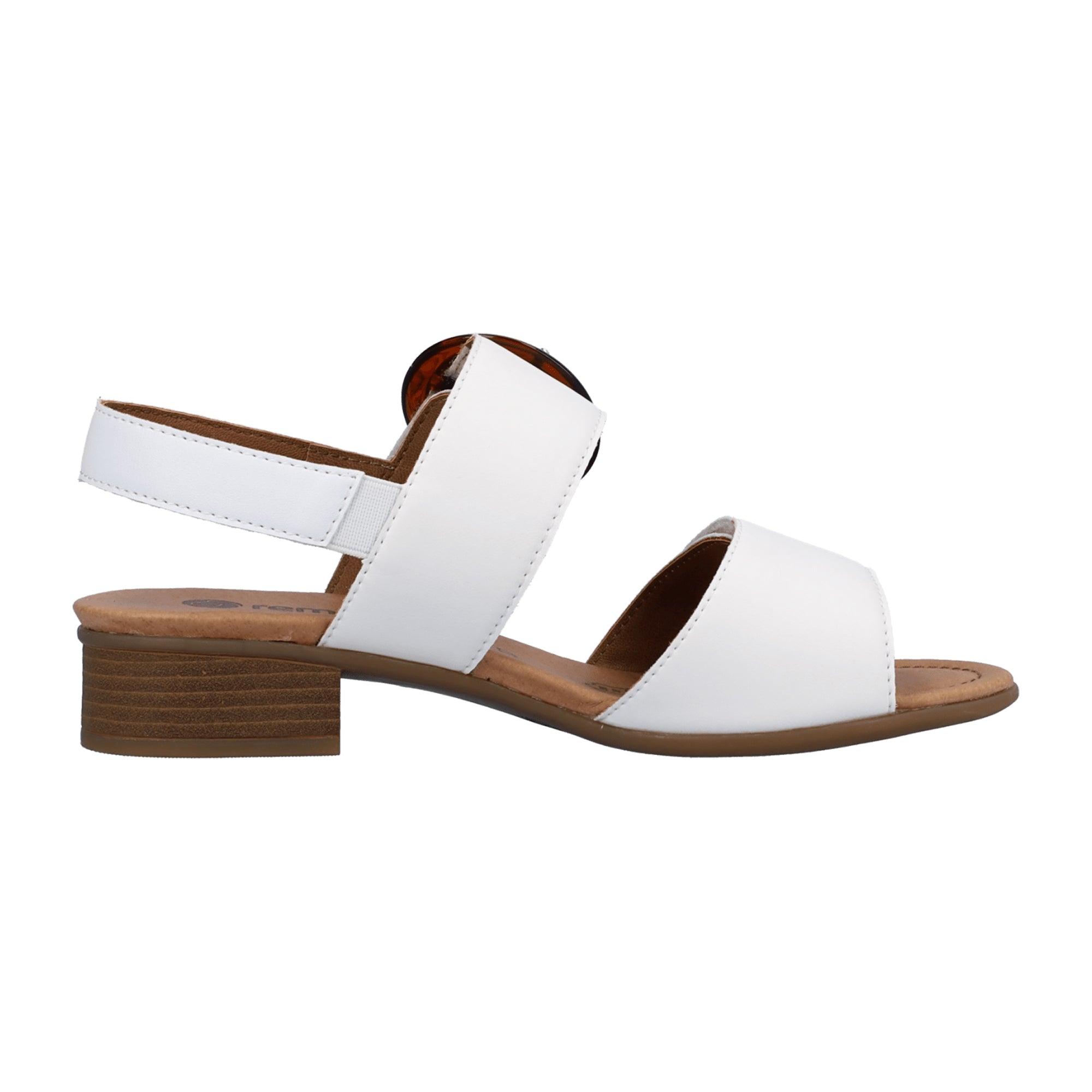 Remonte Women's White Leather Sandals with Velcro Strap and Block Heel