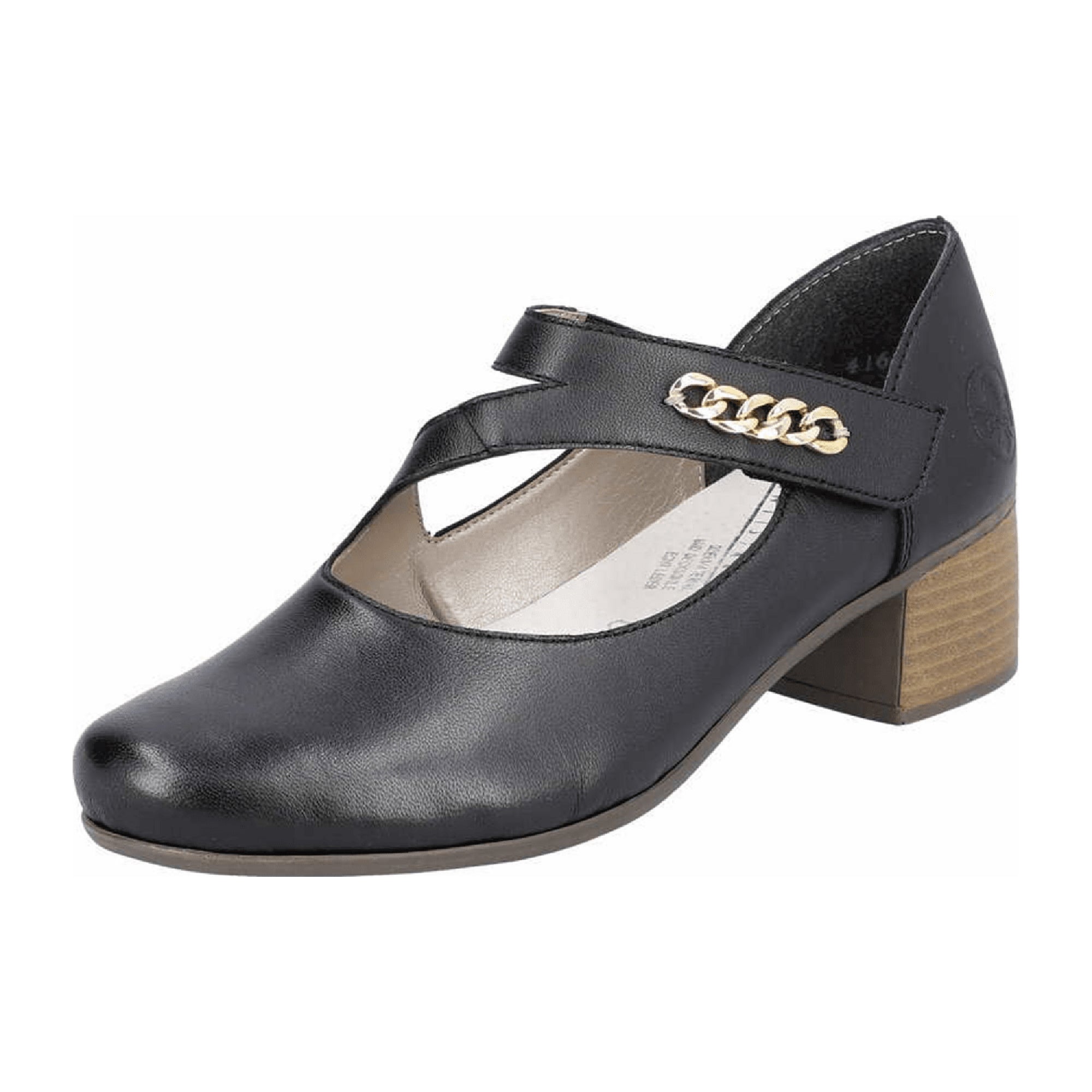 Rieker Women's Black Leather Pumps with Velcro Closure and Block Heel
