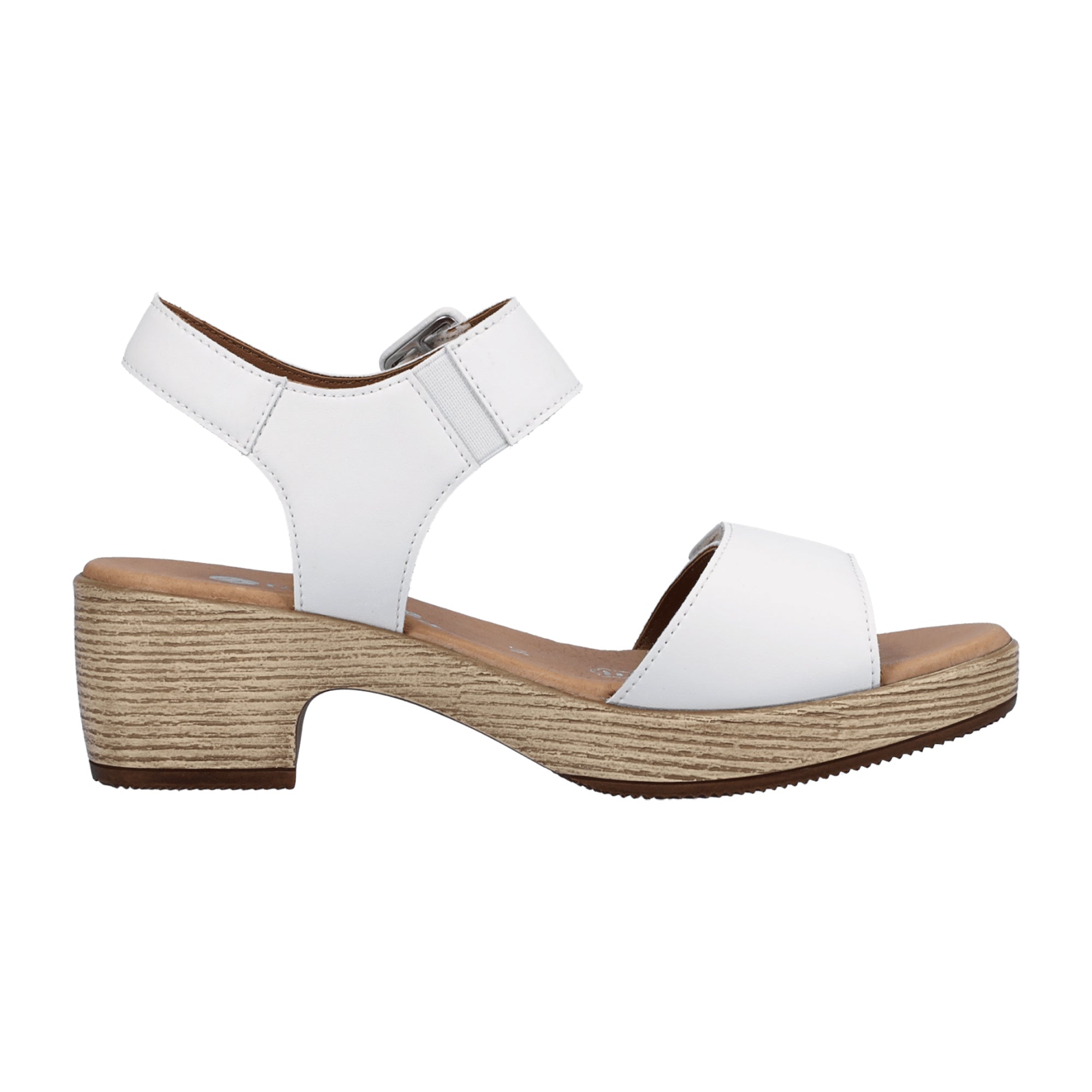 Remonte Women's White Leather Sandals with Velcro Straps and Block Heel