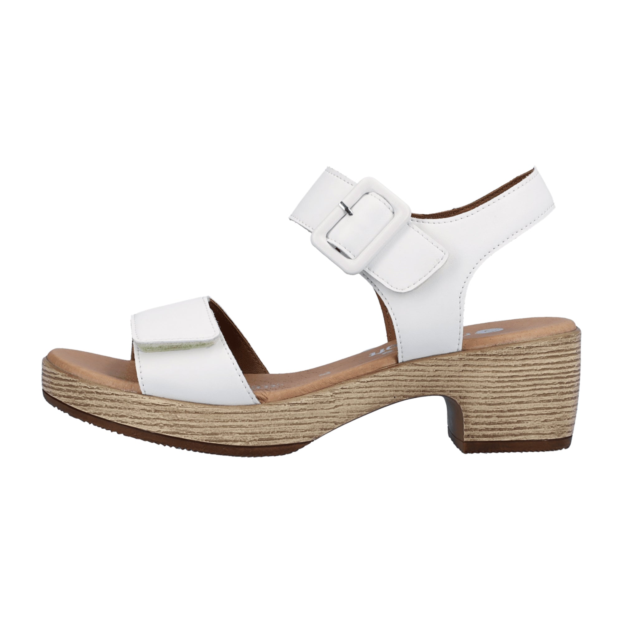 Remonte Women's White Leather Sandals with Velcro Straps and Block Heel