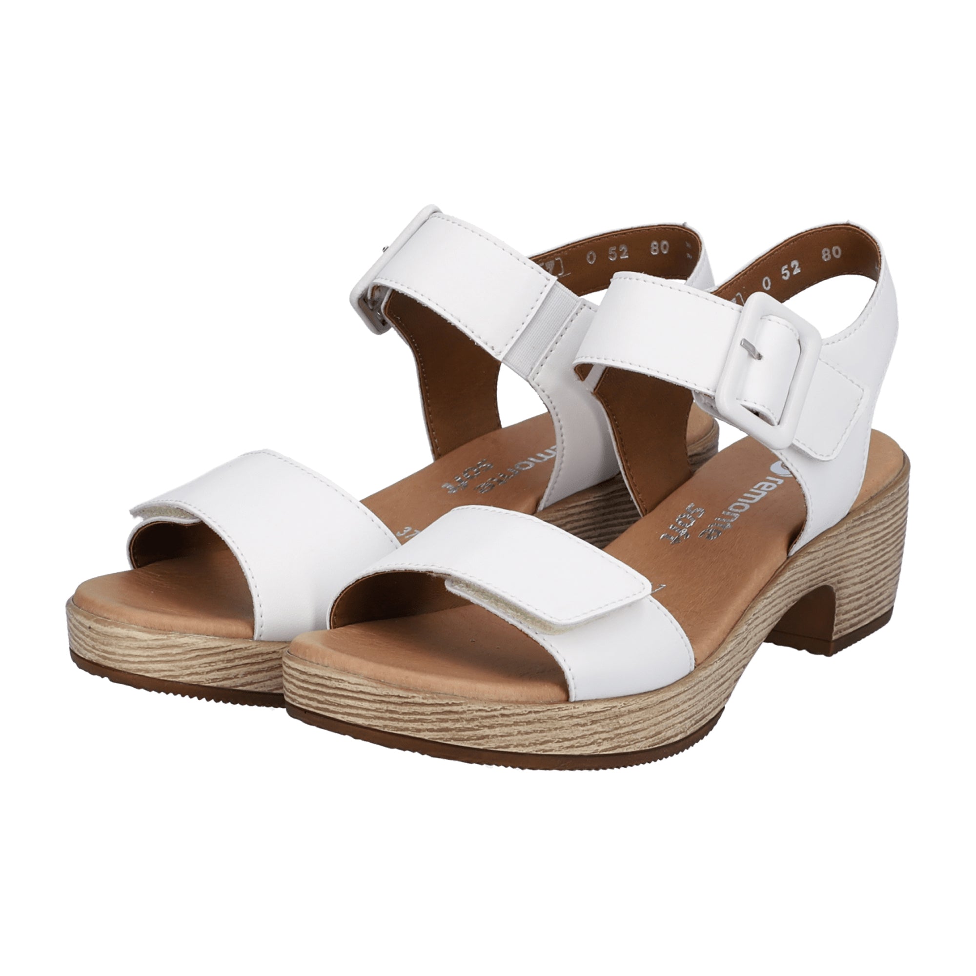 Remonte Women's White Leather Sandals with Velcro Straps and Block Heel
