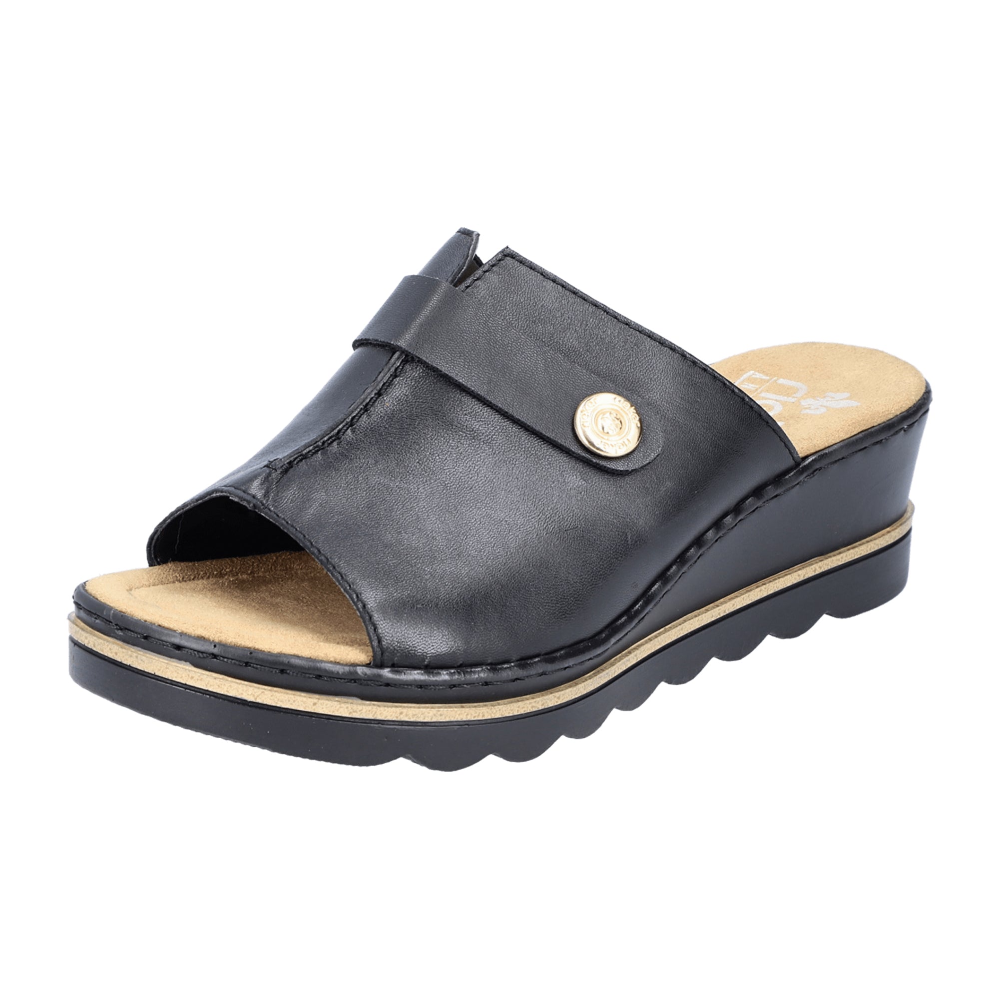 Rieker Lugano Women's Black Leather Sandals Slip-On Comfort Wedge Heel