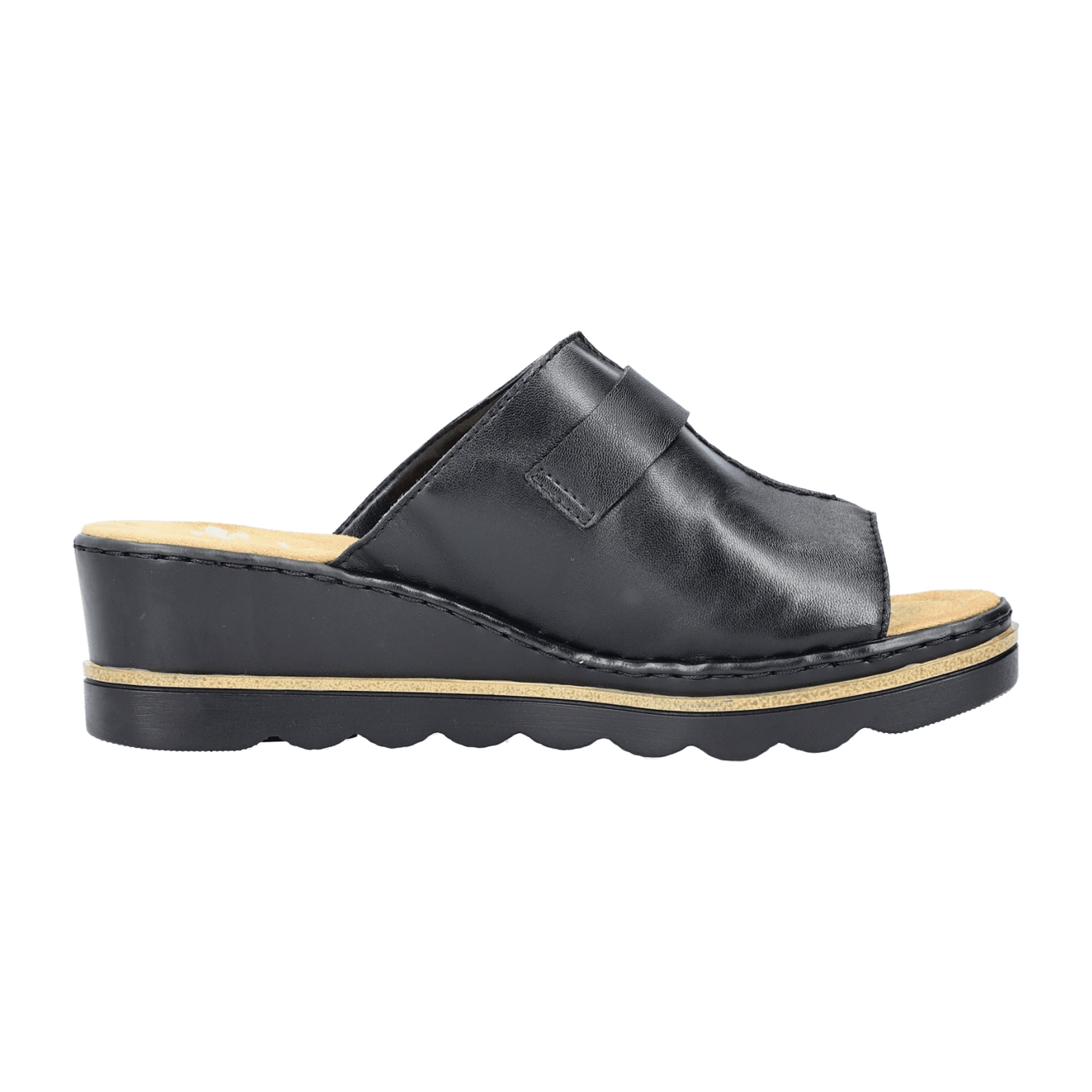 Rieker Lugano Women's Black Leather Sandals Slip-On Comfort Wedge Heel
