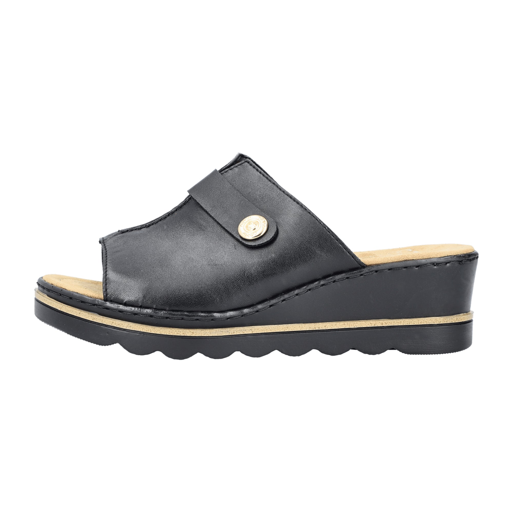 Rieker Lugano Women's Black Leather Sandals Slip-On Comfort Wedge Heel