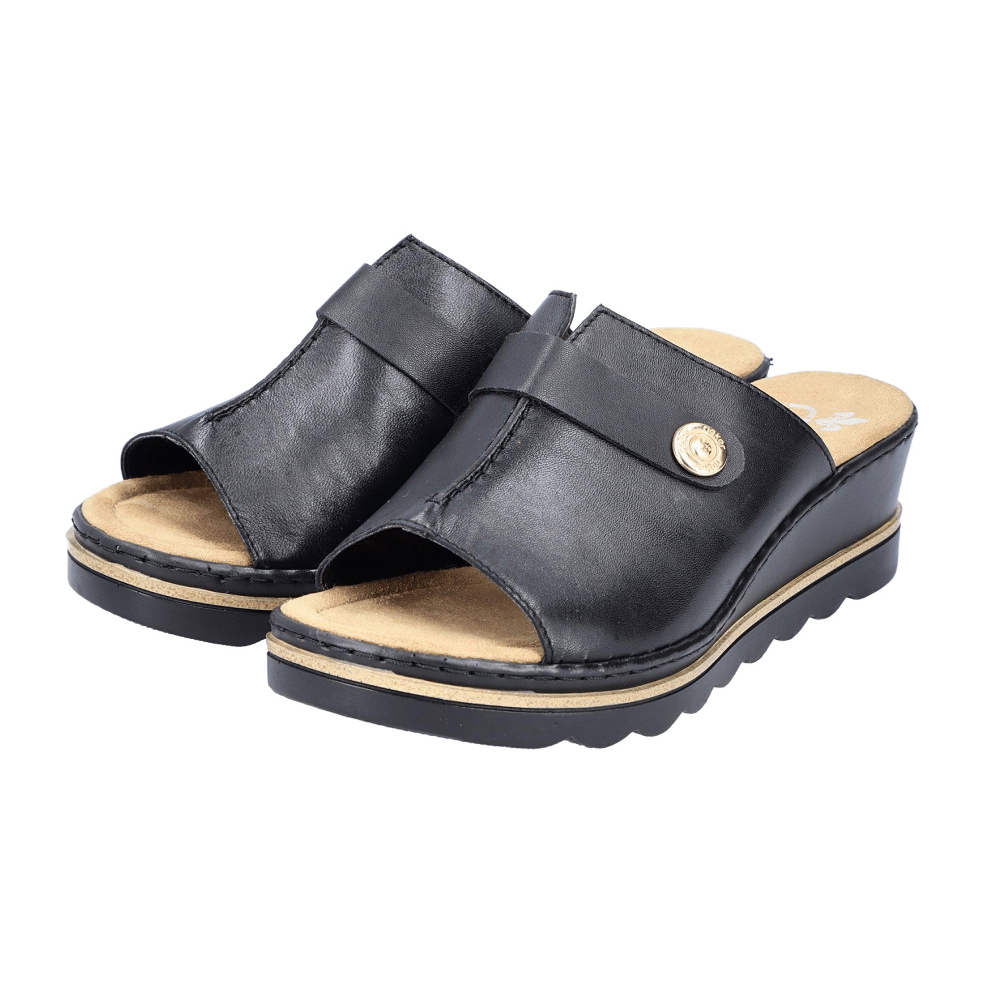 Rieker Lugano Women's Black Leather Sandals Slip-On Comfort Wedge Heel