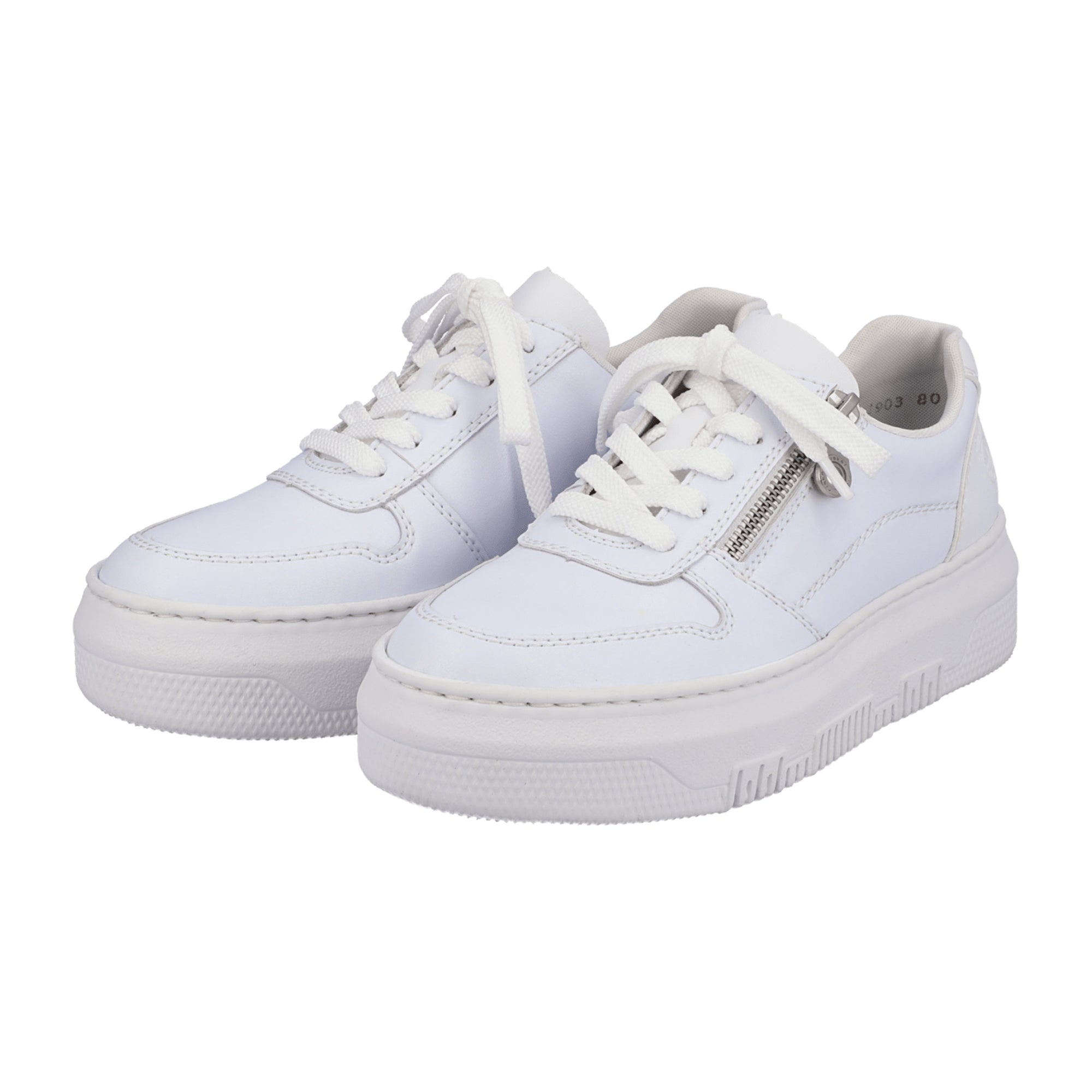 Rieker White Leather Sneakers for Women with Zipper and Laces