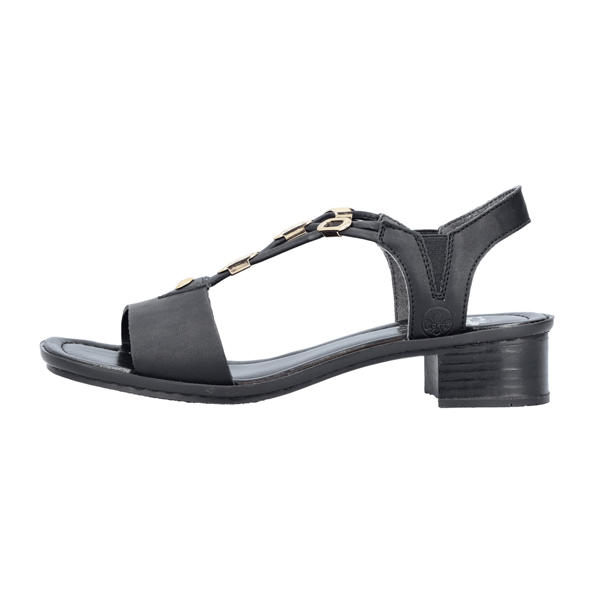 Rieker Comfortable Women's Black Sandals with Gold Accent and Elastic Straps