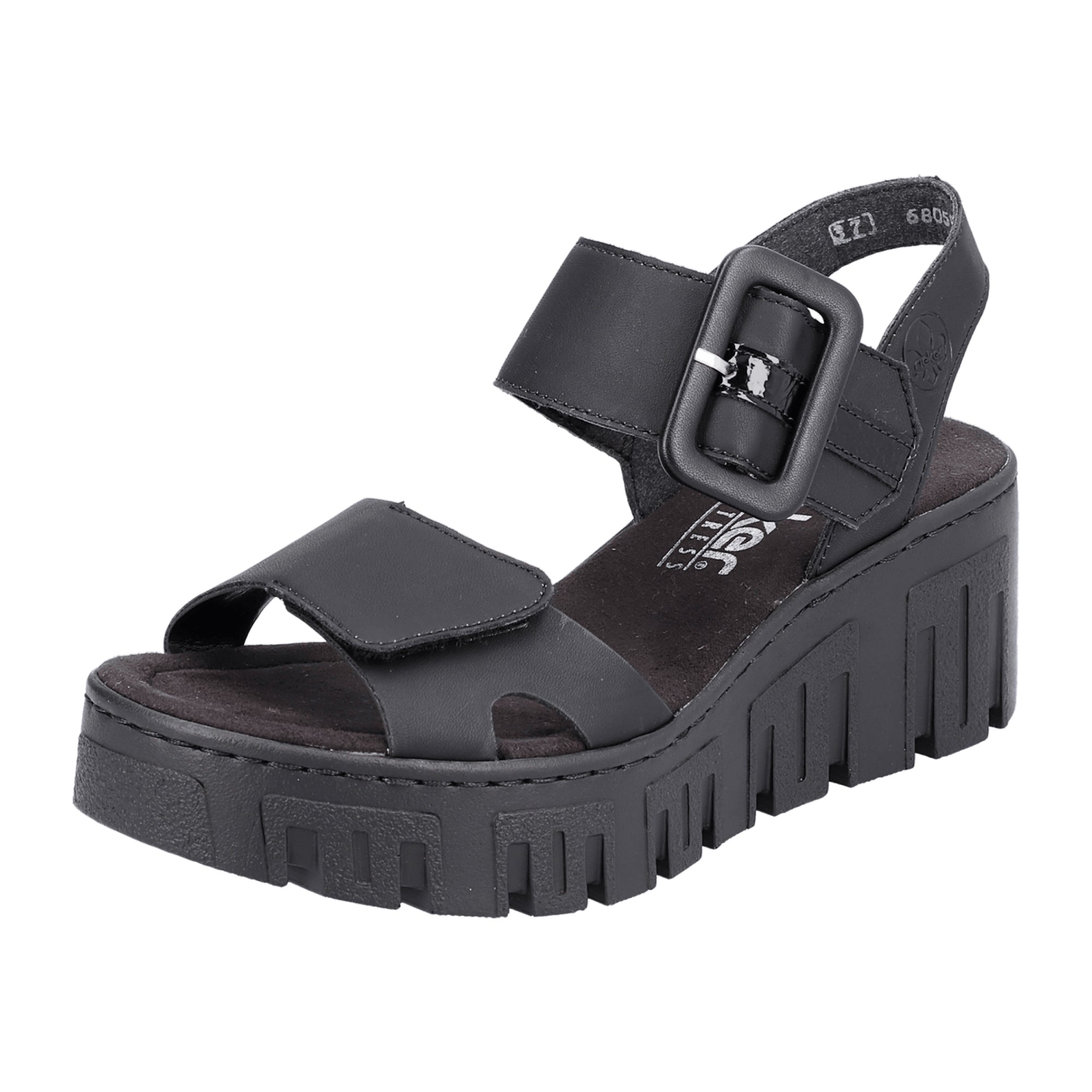 Rieker Women's Black Sandals with Wedge Heel and Velcro Strap