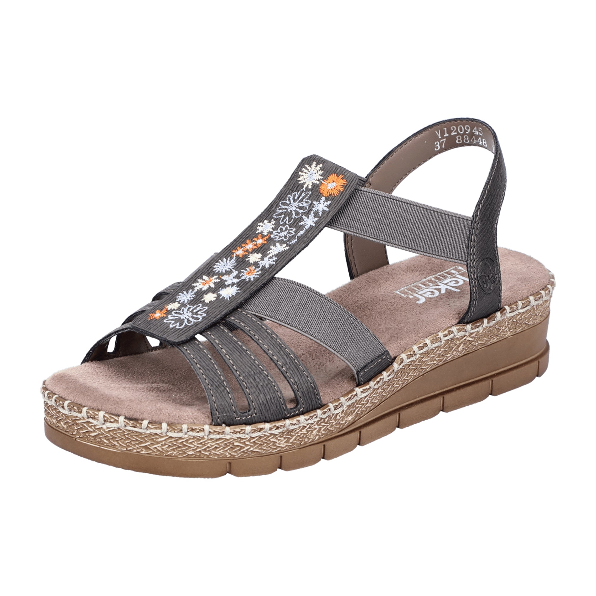 Rieker Women's Grey Sandals with Elastic Strap and Floral Design