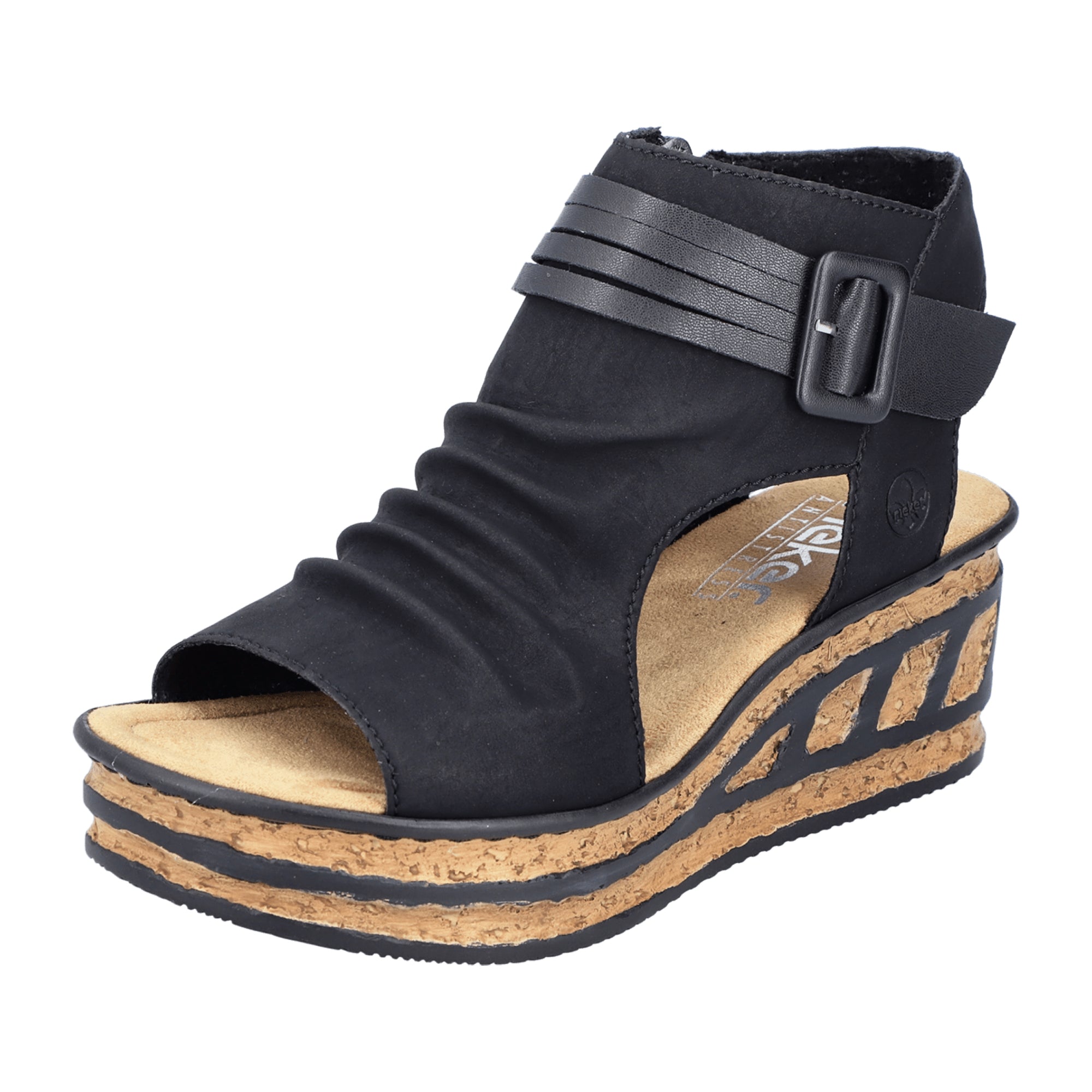 Rieker Women's Black Sandals with Comfortable Wedge Heel and Zip Closure