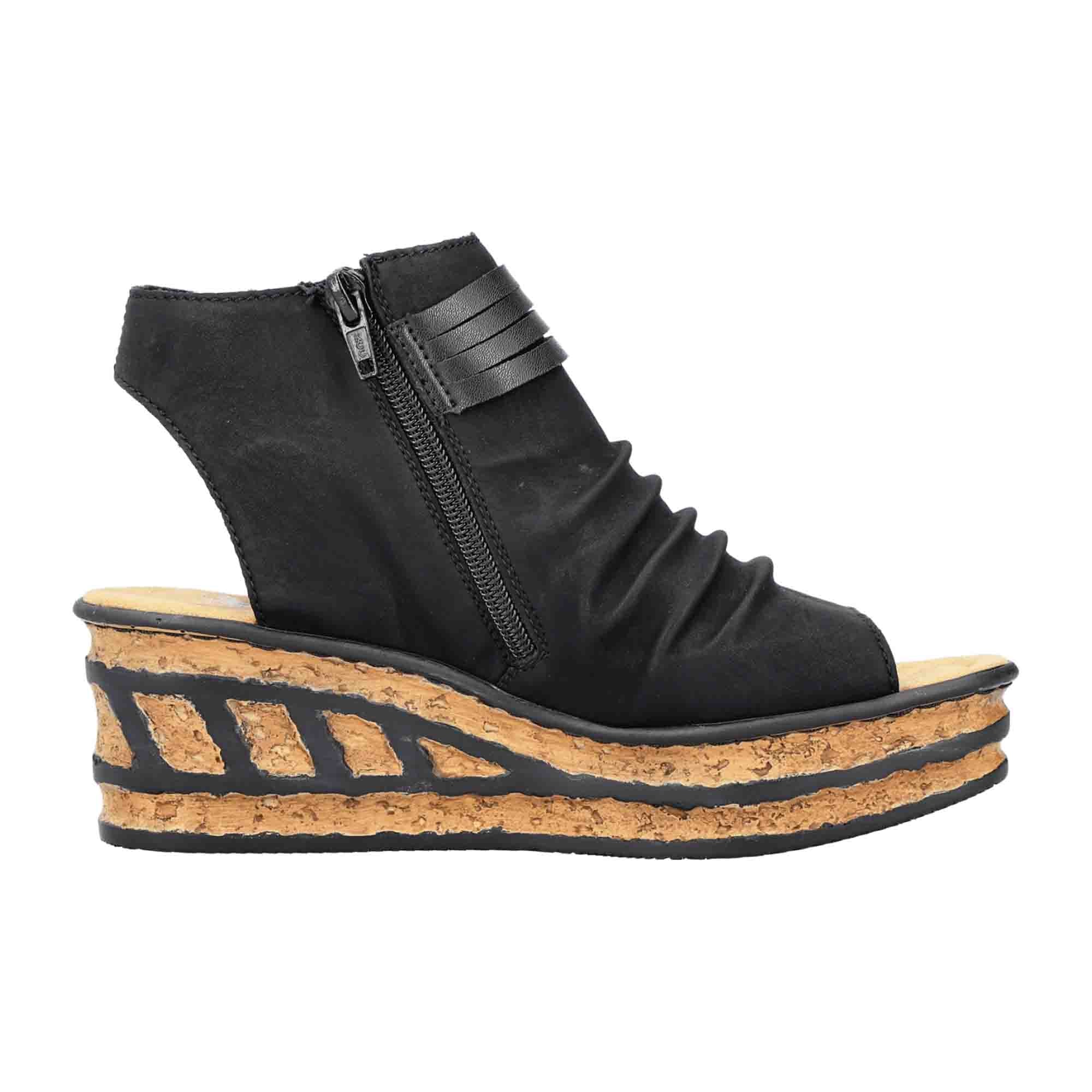 Rieker Women's Black Sandals with Comfortable Wedge Heel and Zip Closure