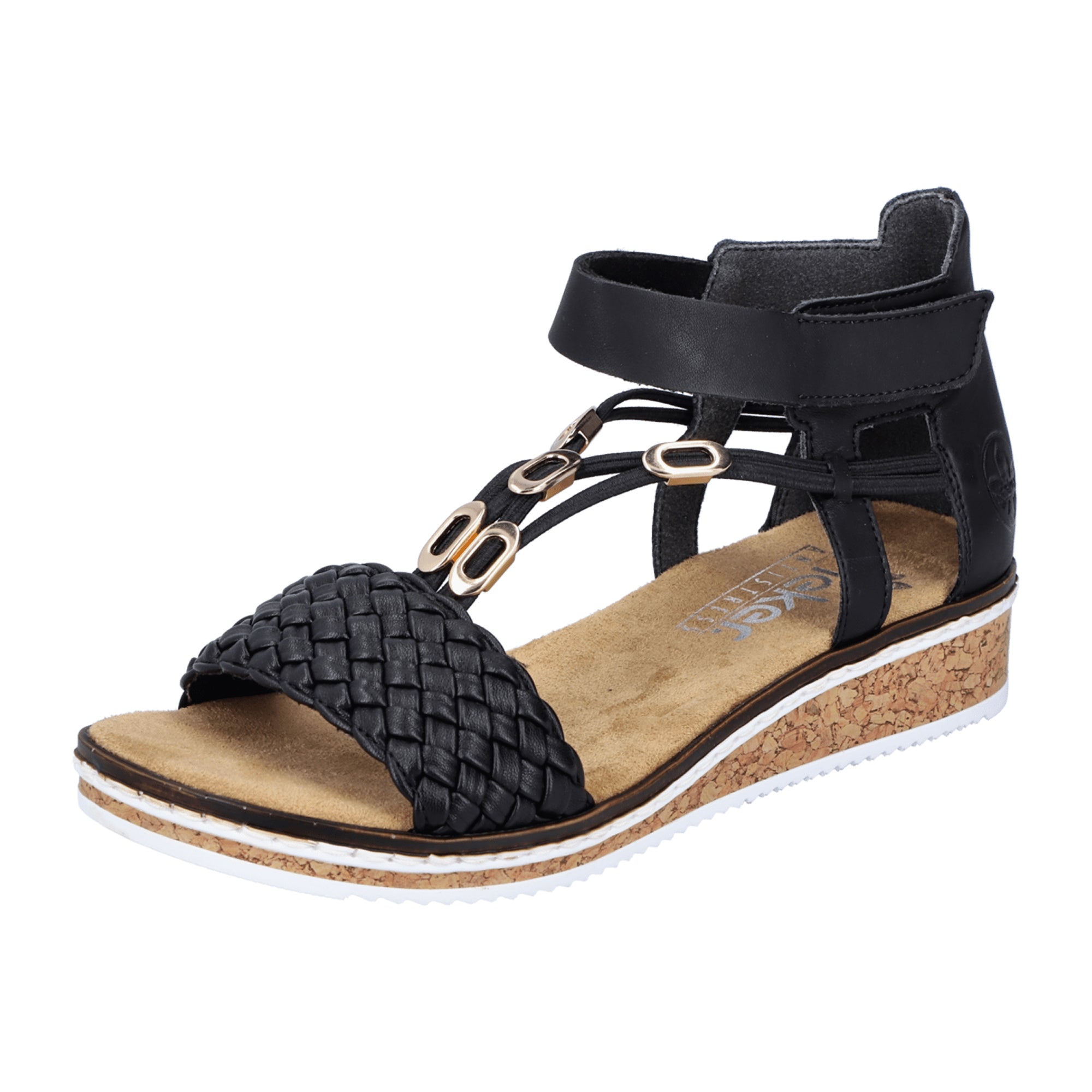 Rieker Women's Black Woven Sandals with Velcro Strap and Cushioned Sole
