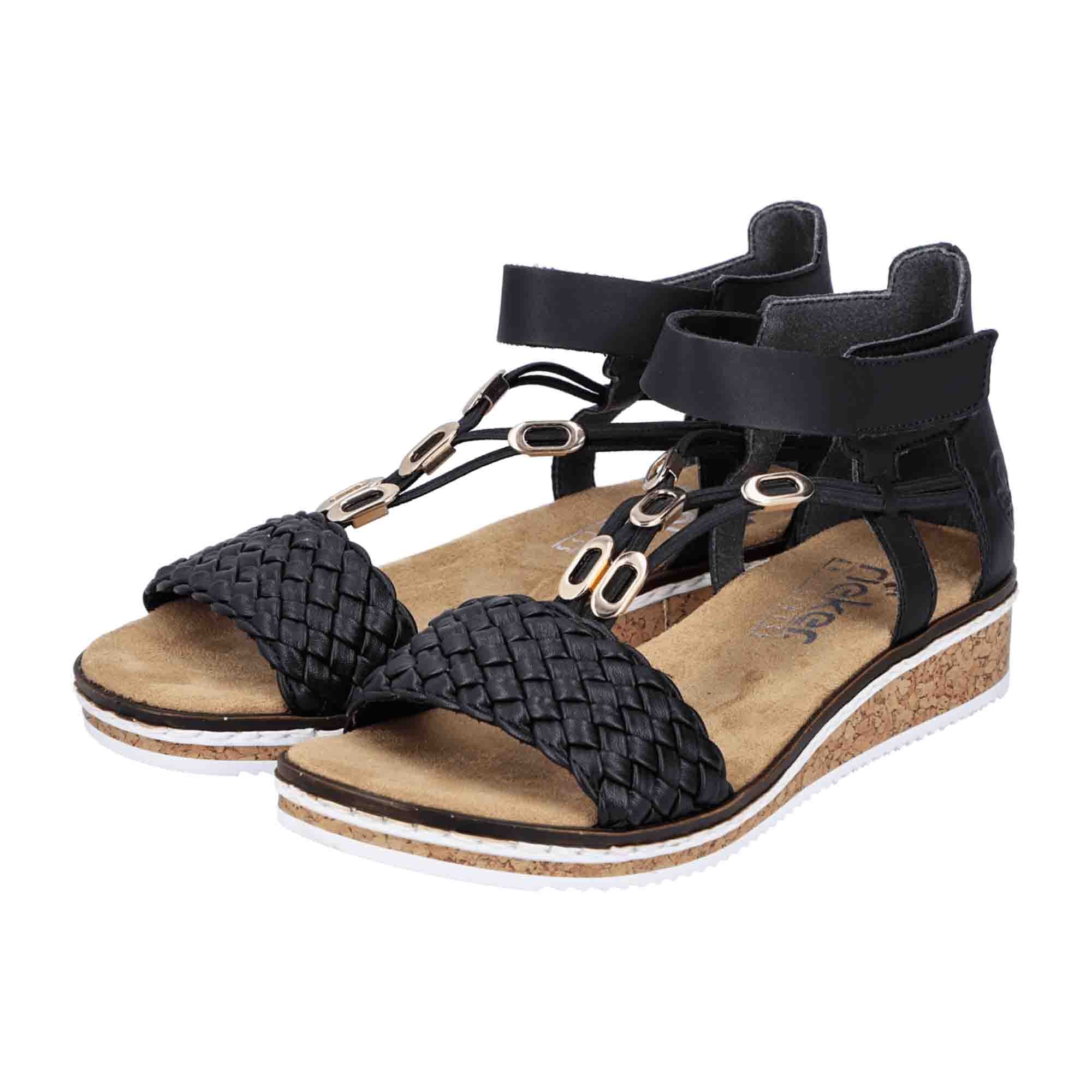 Rieker Women's Black Woven Sandals with Velcro Strap and Cushioned Sole