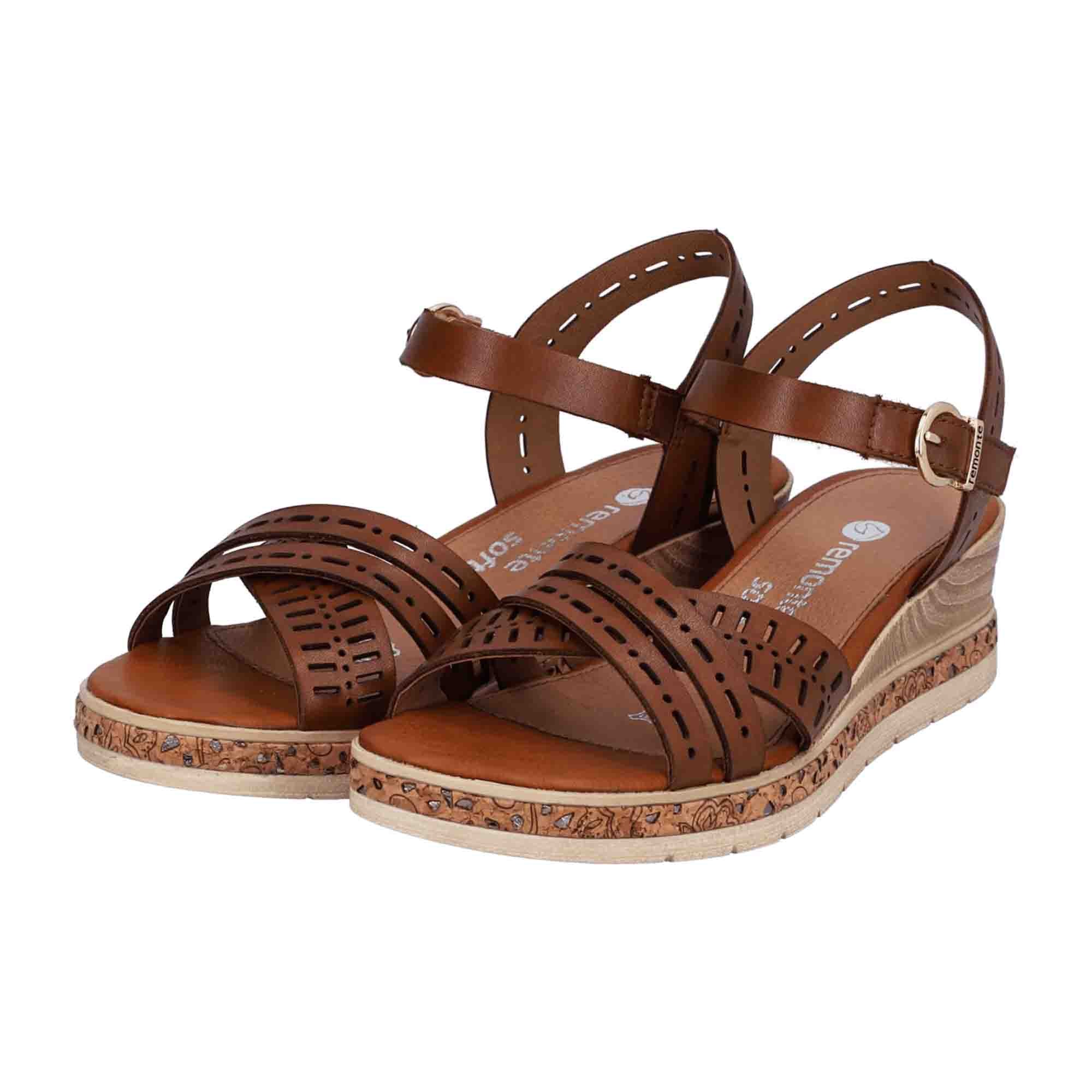 Remonte Women's Brown Leather Wedge Sandals with Adjustable Straps and Comfort Sole