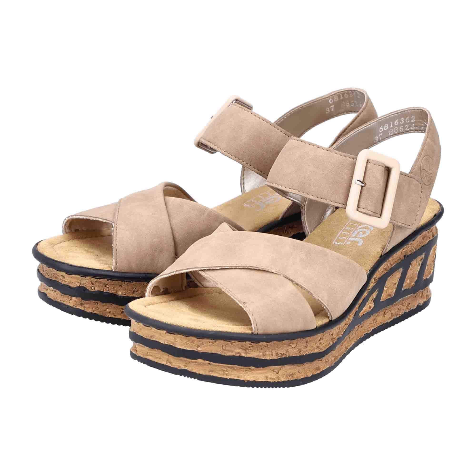 Rieker Beige Women's Sandals 68163-62 Comfortable Everyday Wedge Heel Shoes