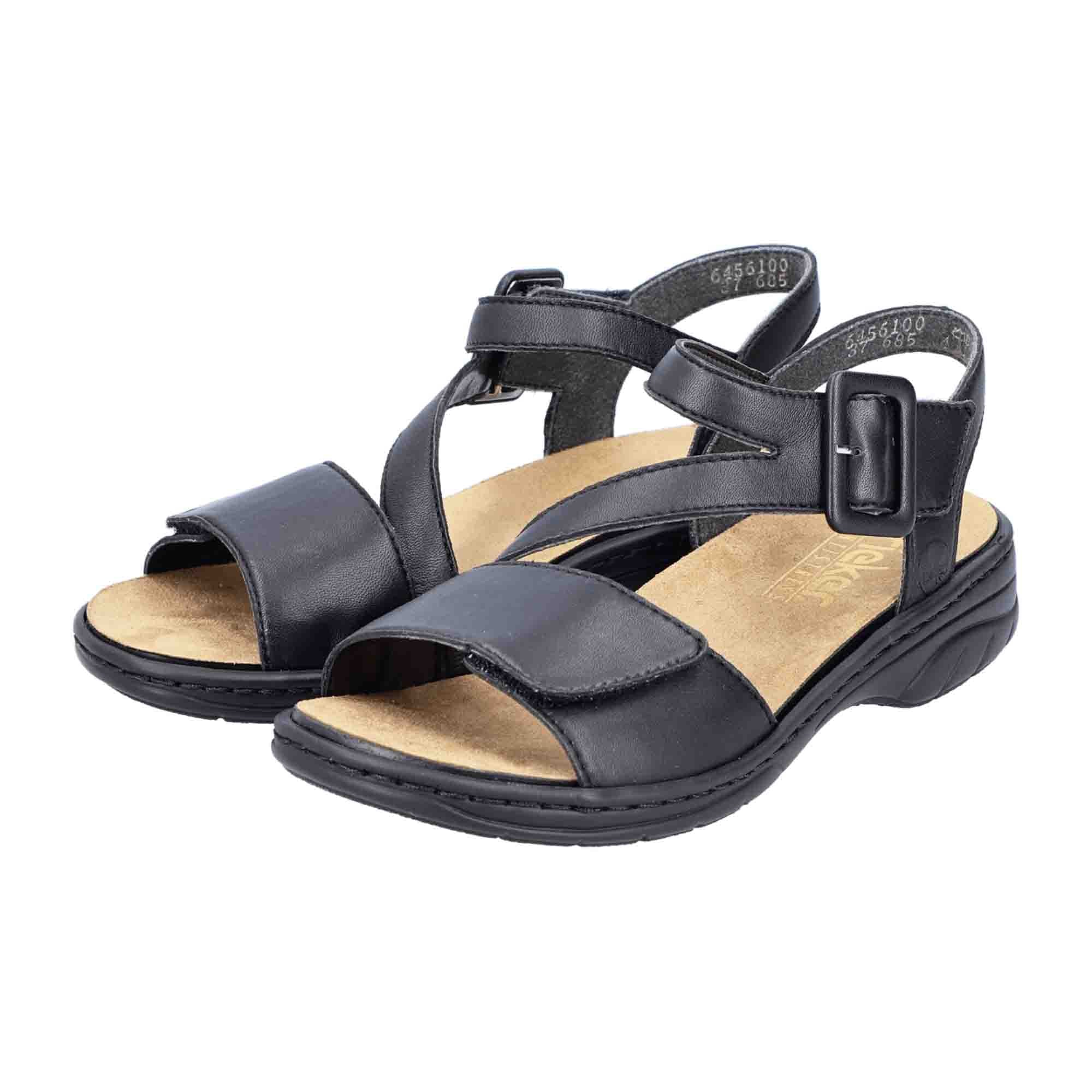 Rieker Women's Black Leather Sandals with Velcro Strap and Cushioned Sole