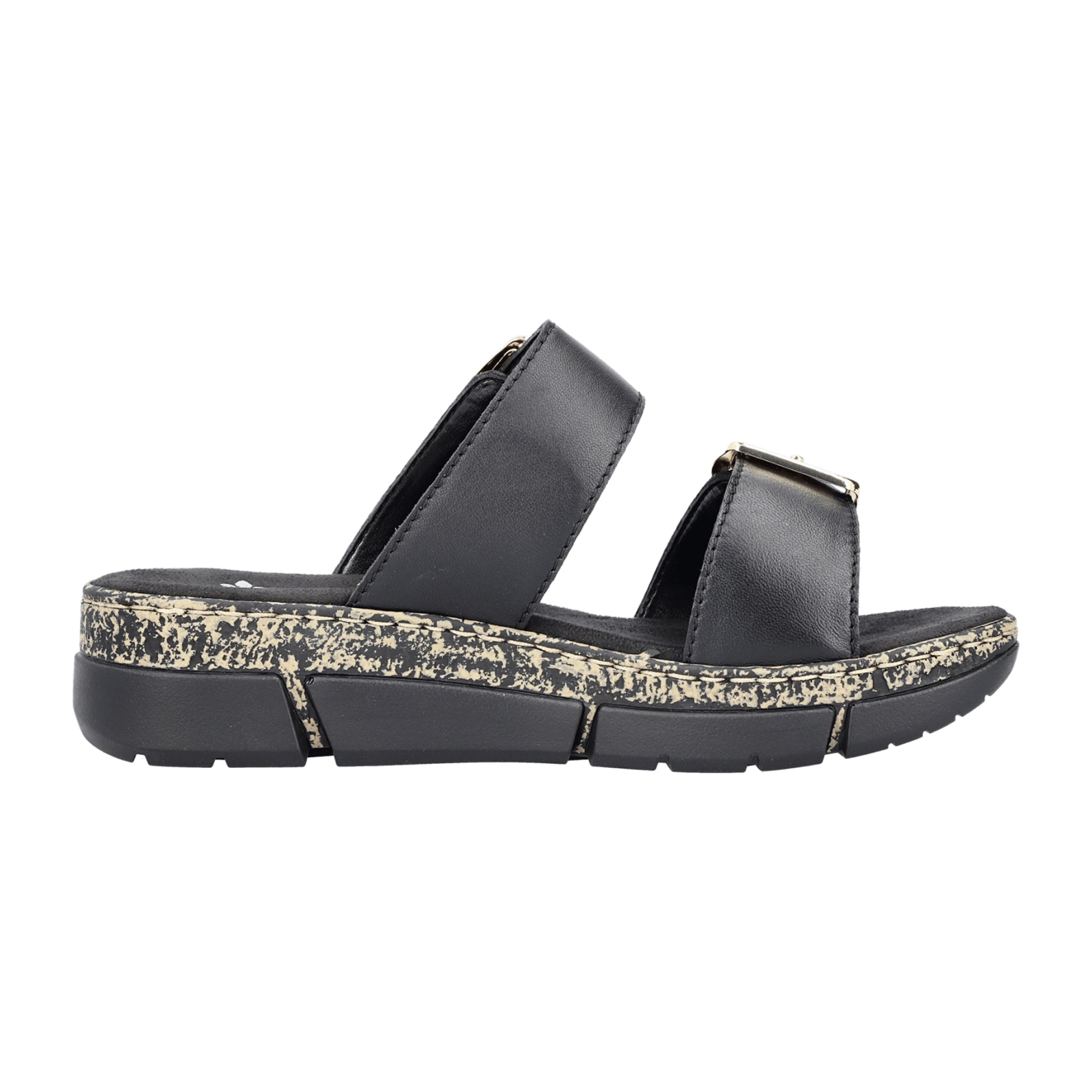 Rieker Black Leather Women's Slip-On Sandals with Comfort Sole and Velcro Strap
