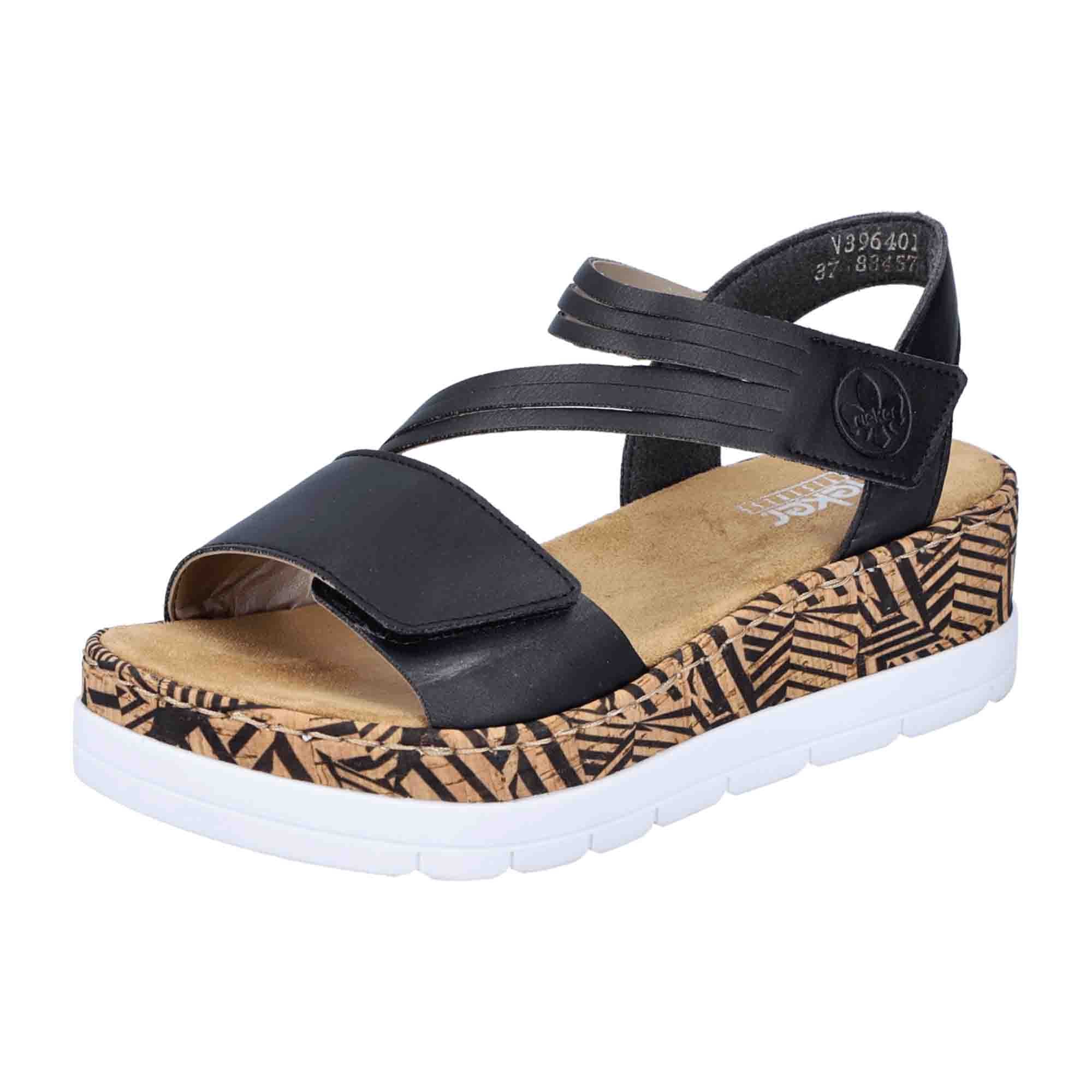 Rieker Luzern Women's Black Wedge Sandals with Velcro Strap and Comfor
