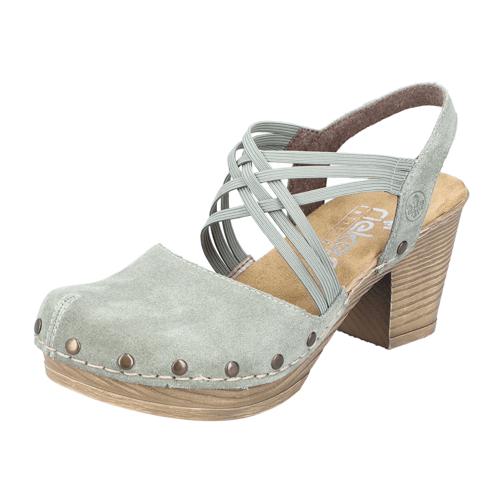 Rieker Women's Green Suede Sandals with Block Heel and Cross Straps