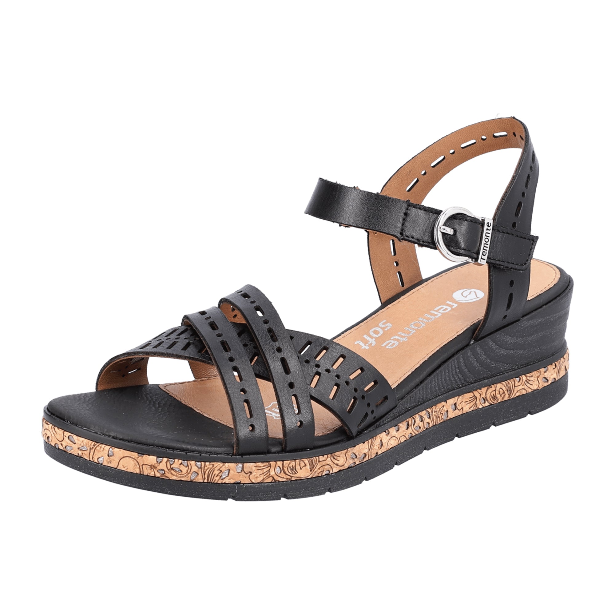 Remonte Black Leather Wedge Sandals for Women with Velcro Strap and Comfort Sole