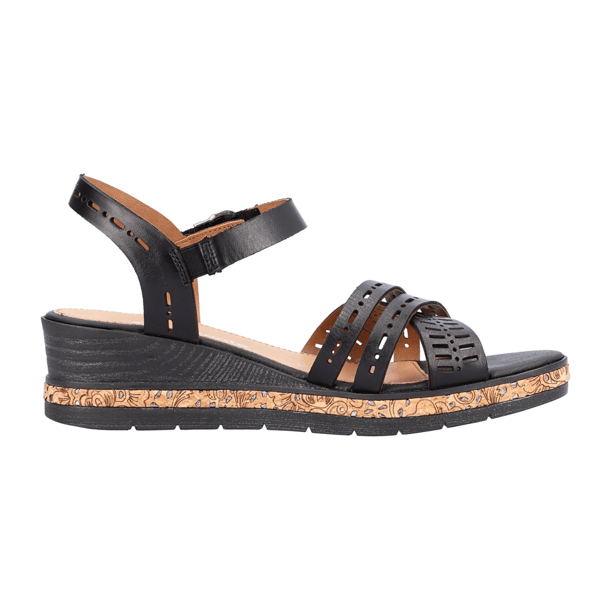 Remonte Black Leather Wedge Sandals for Women with Velcro Strap and Comfort Sole