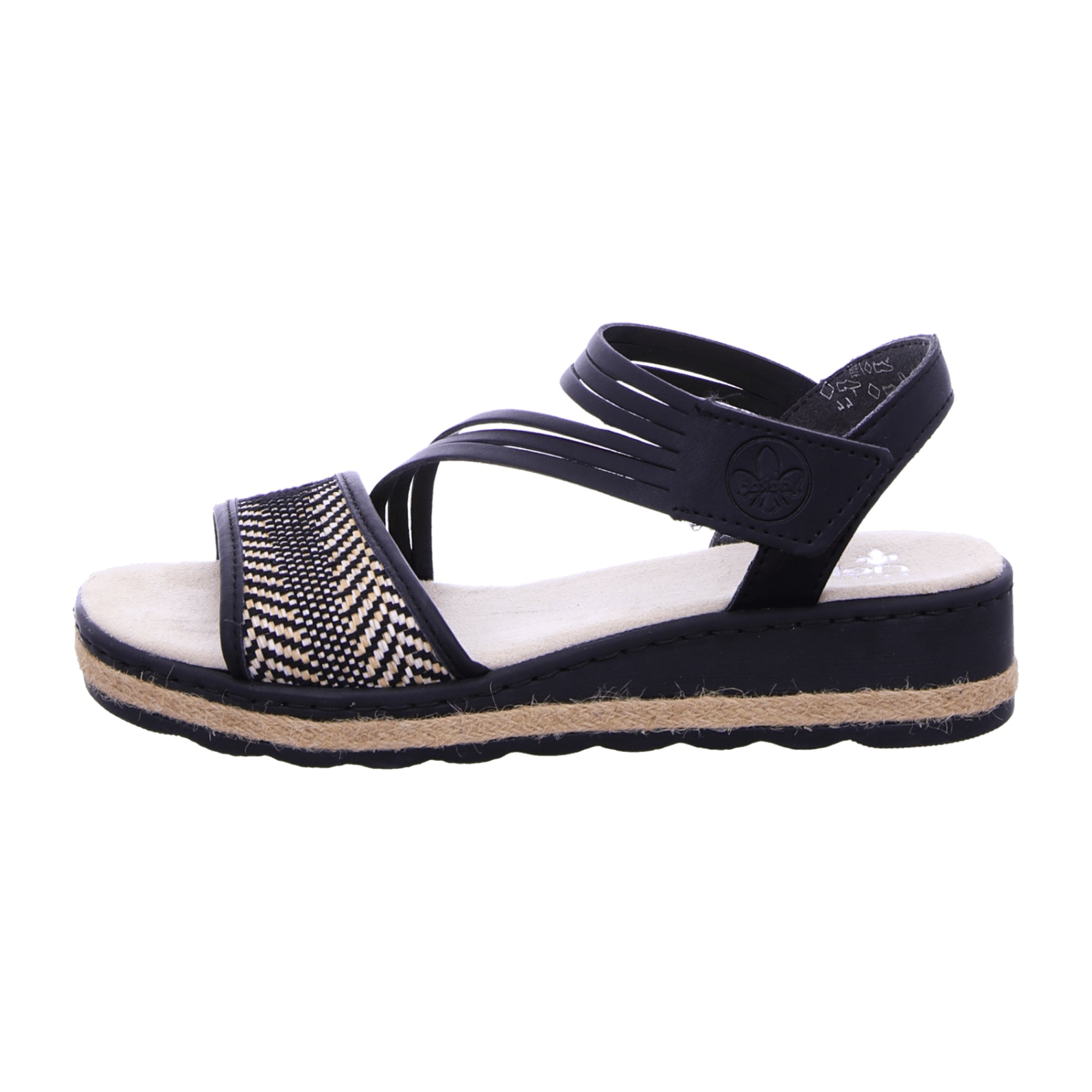 Rieker Toscana Black Women's Wedge Sandals with Velcro and Heel Strap