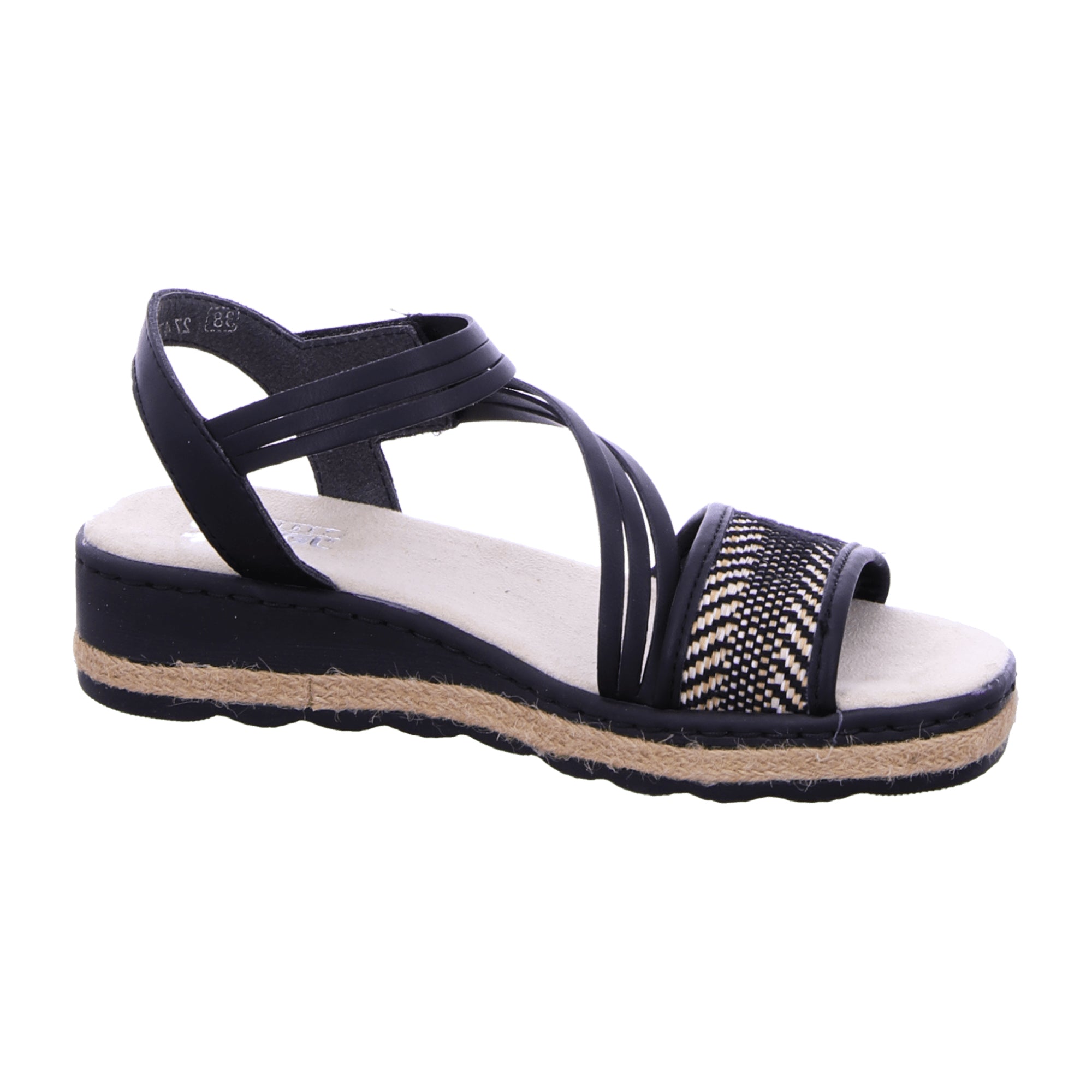 Rieker Toscana Black Women's Wedge Sandals with Velcro and Heel Strap