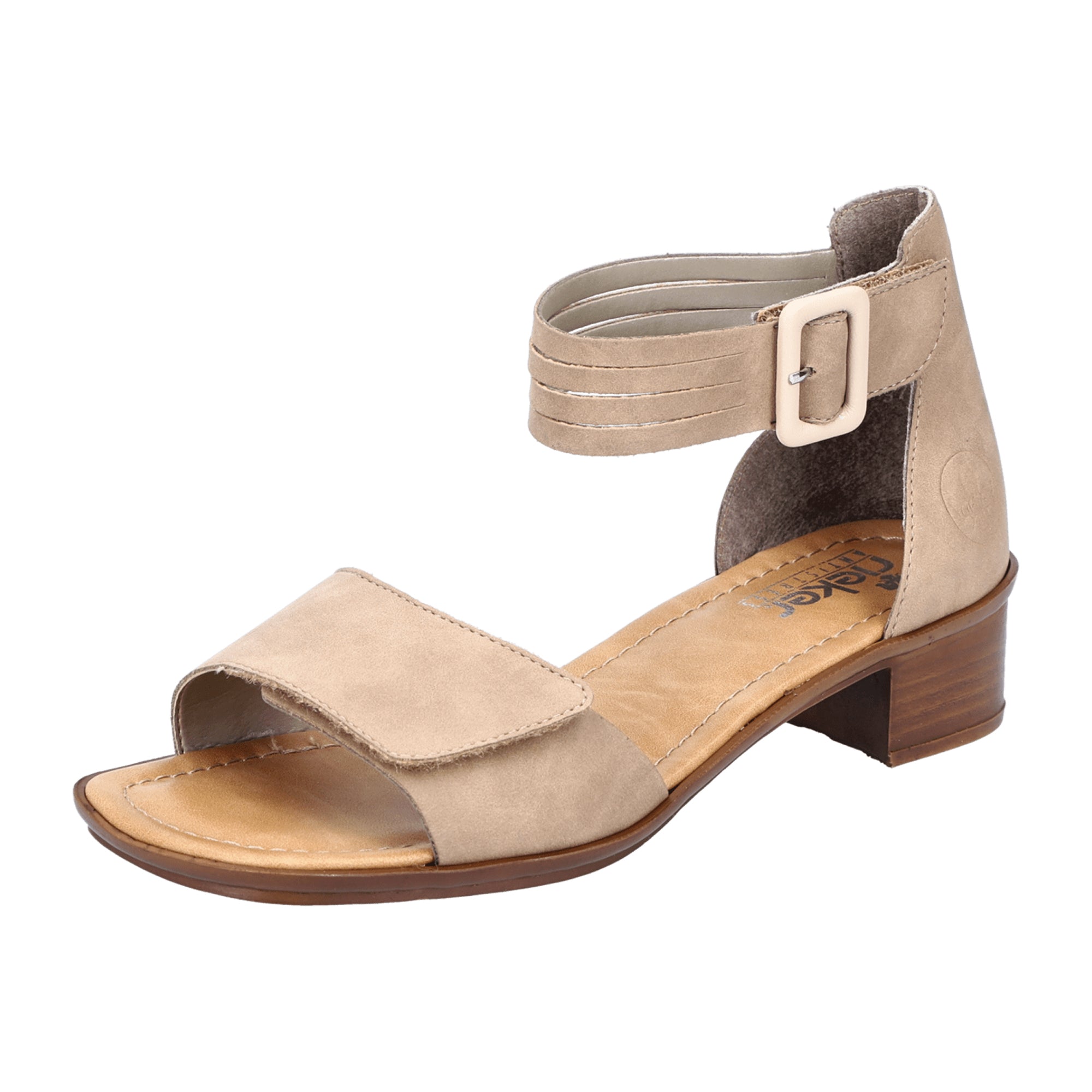 Rieker Beige Women's Sandals with Velcro Strap and Block Heel