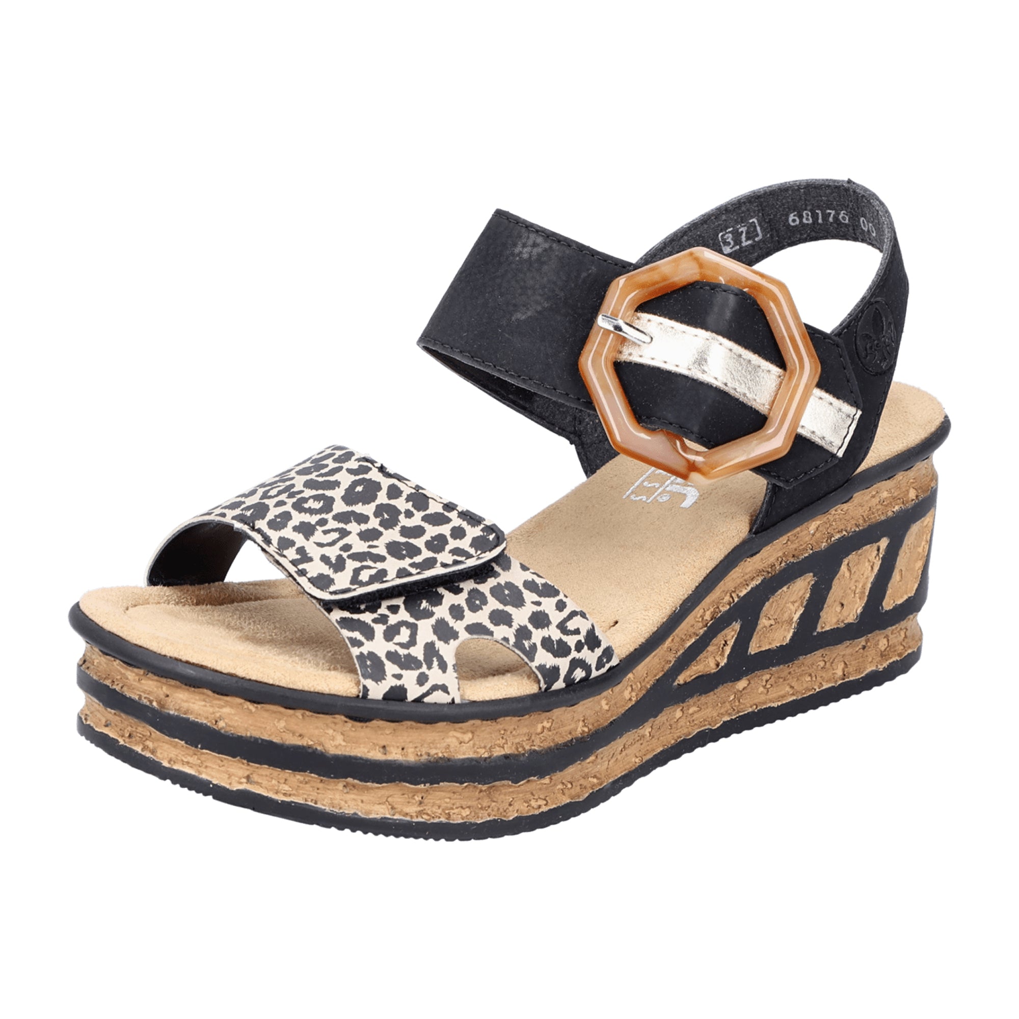 Rieker Women's Black Comfort Wedge Sandals with Velcro Straps