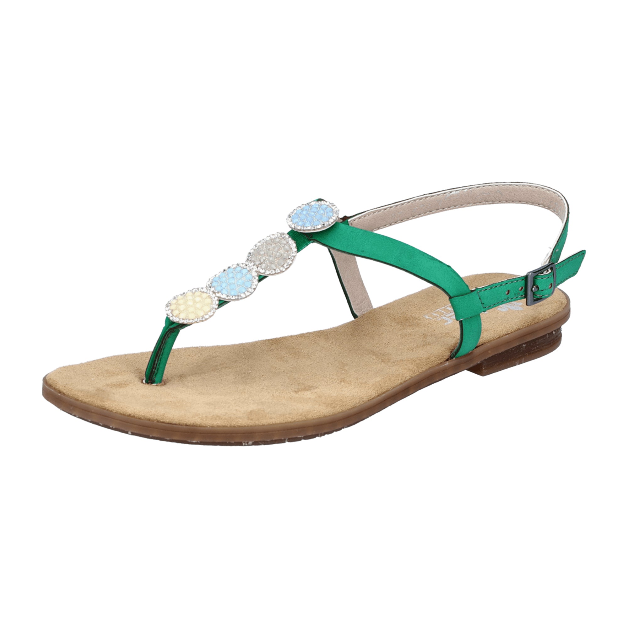 Rieker Women's Green Thong Sandals with Buckle and Decorative Elements