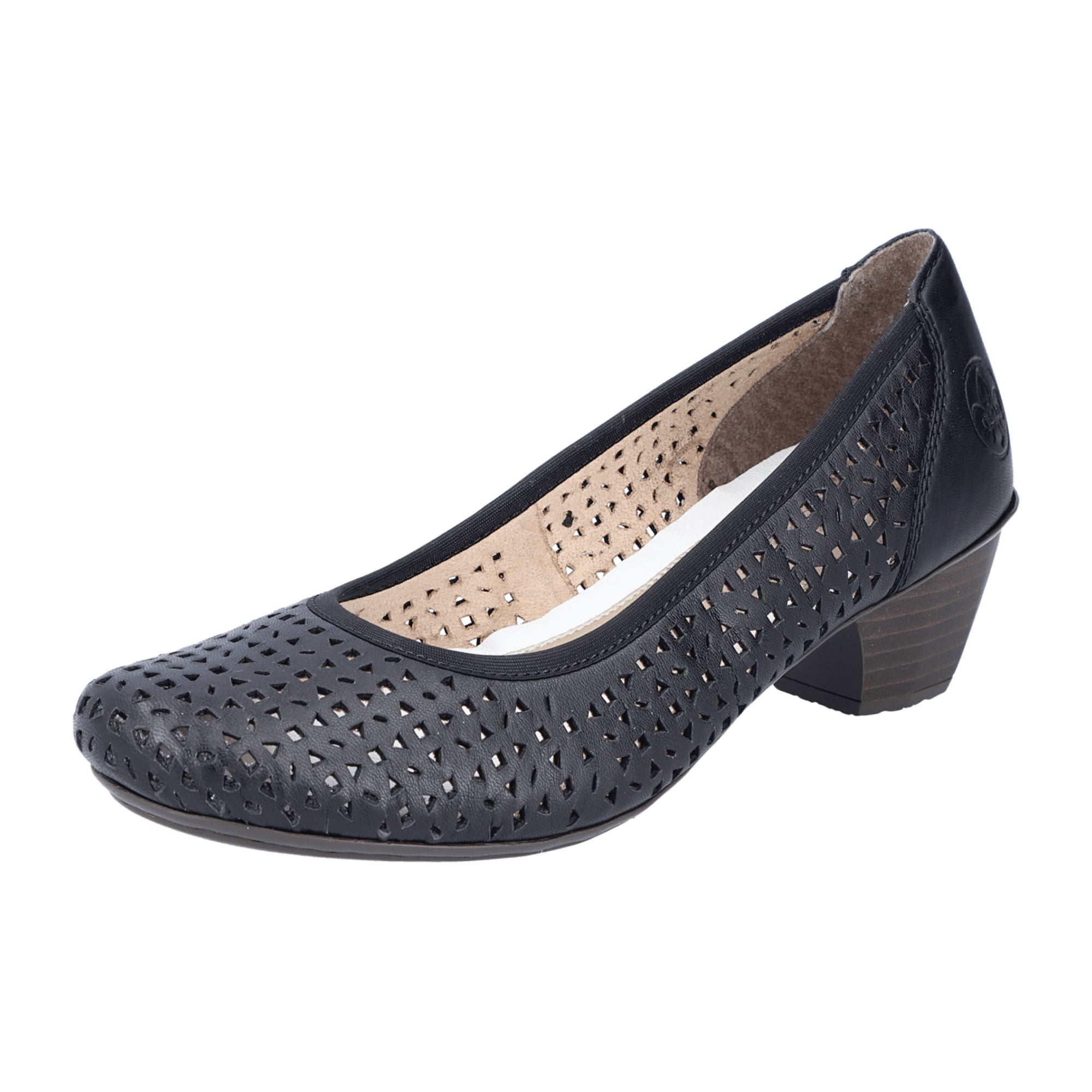 Rieker Women's Black Slip-On Pumps, Comfortable Leather Block Heel Shoes