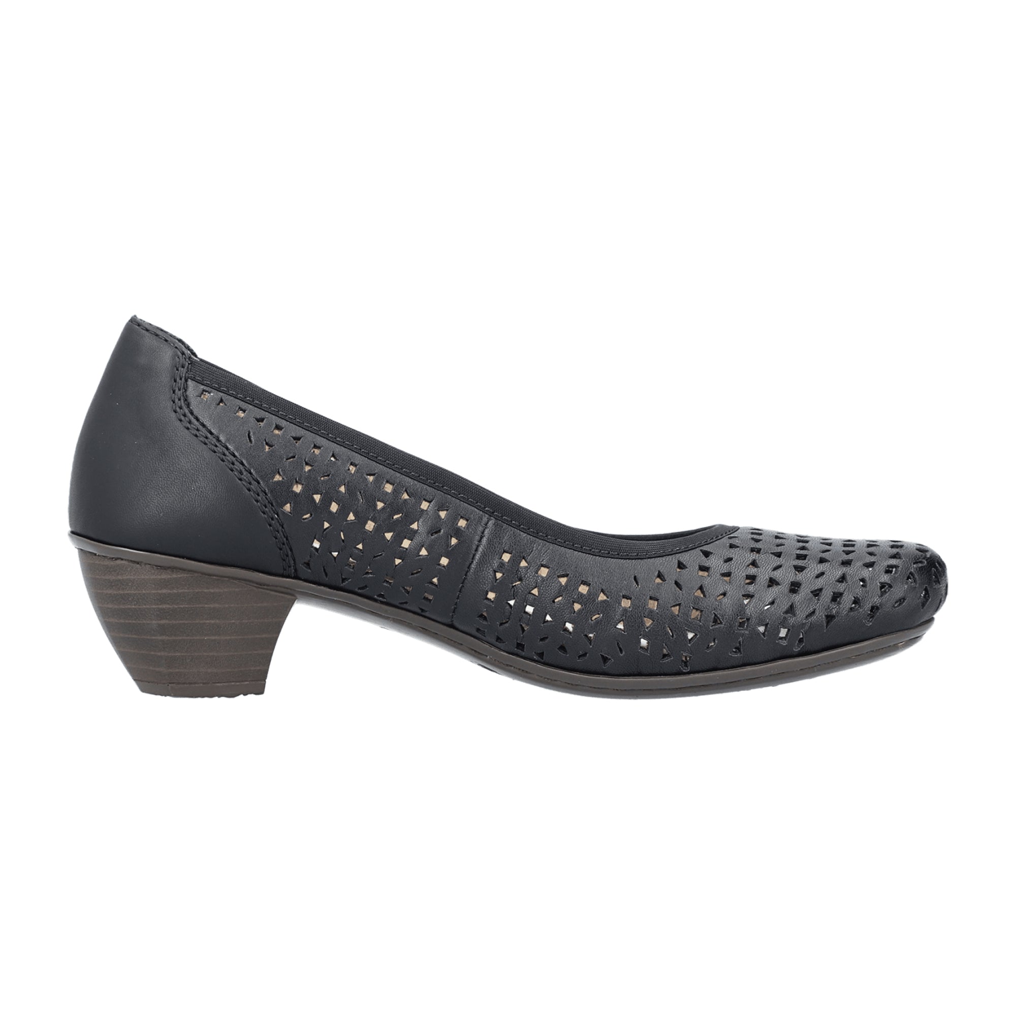 Rieker Women's Black Slip-On Pumps, Comfortable Leather Block Heel Shoes