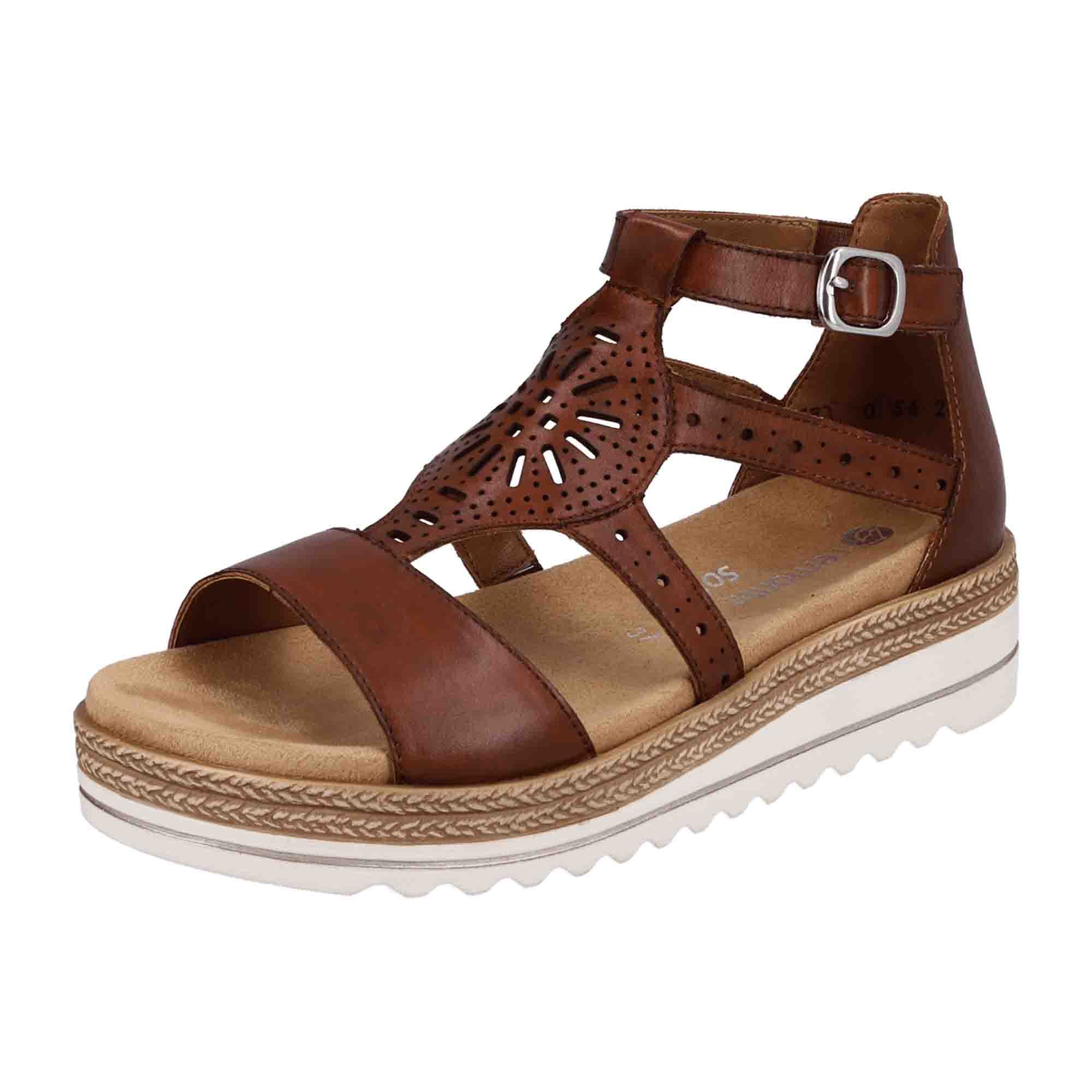 Remonte Women's Brown Leather Sandals with Wedge Heel and Buckle Closure