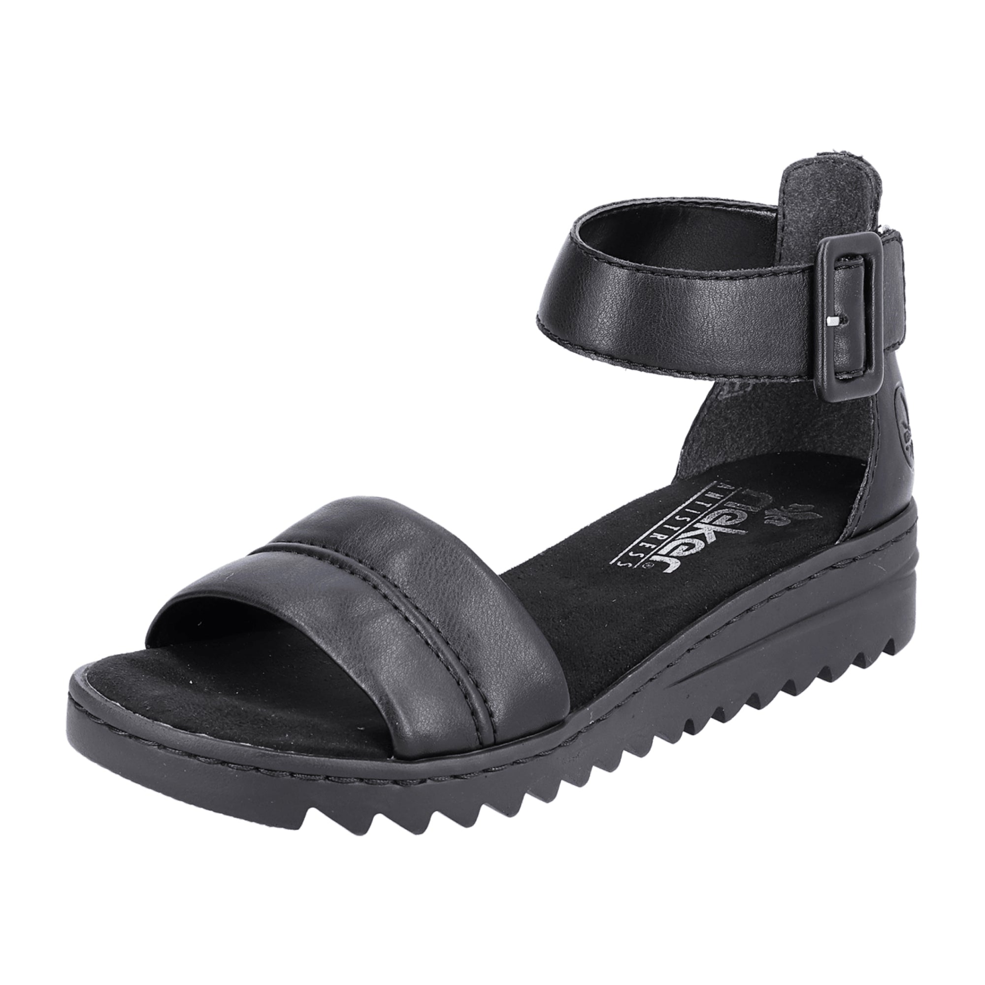 Rieker Black Leather Women's Sandals with Wedge Heel and Buckle Closure