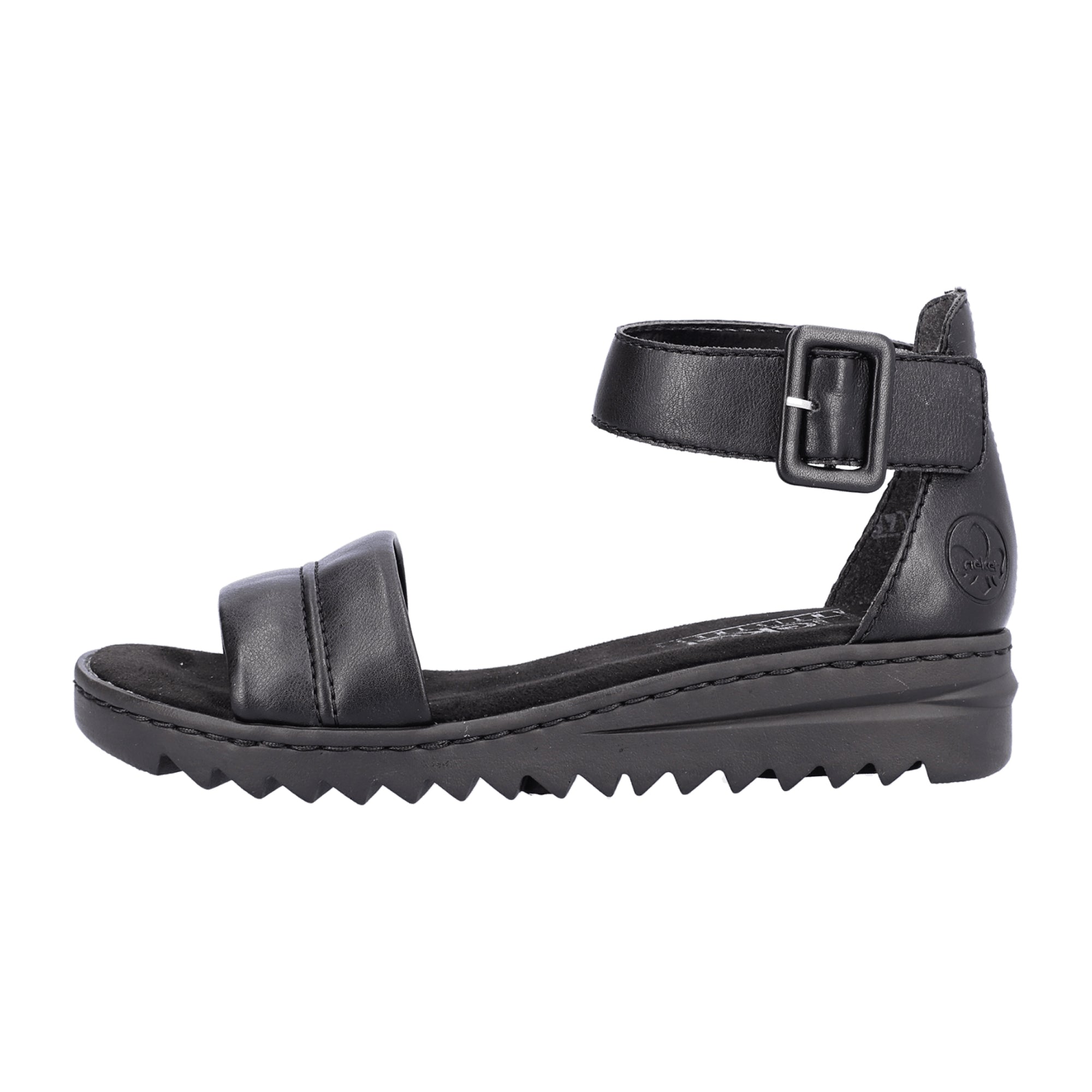 Rieker Black Leather Women's Sandals with Wedge Heel and Buckle Closure