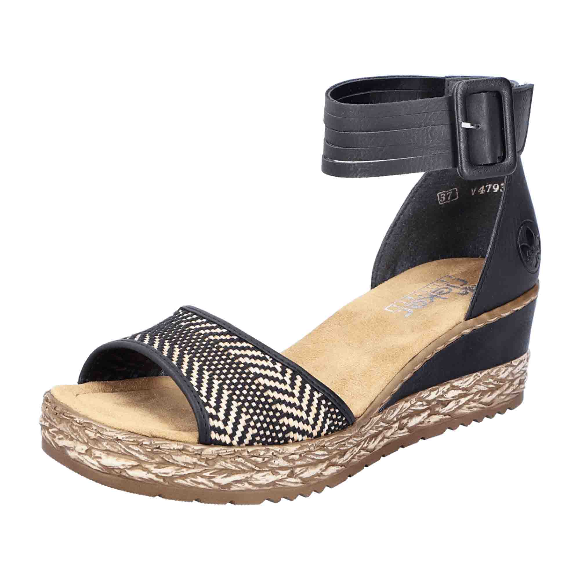 Rieker Black Women's Sandals with Wedge Heel and Velcro Strap