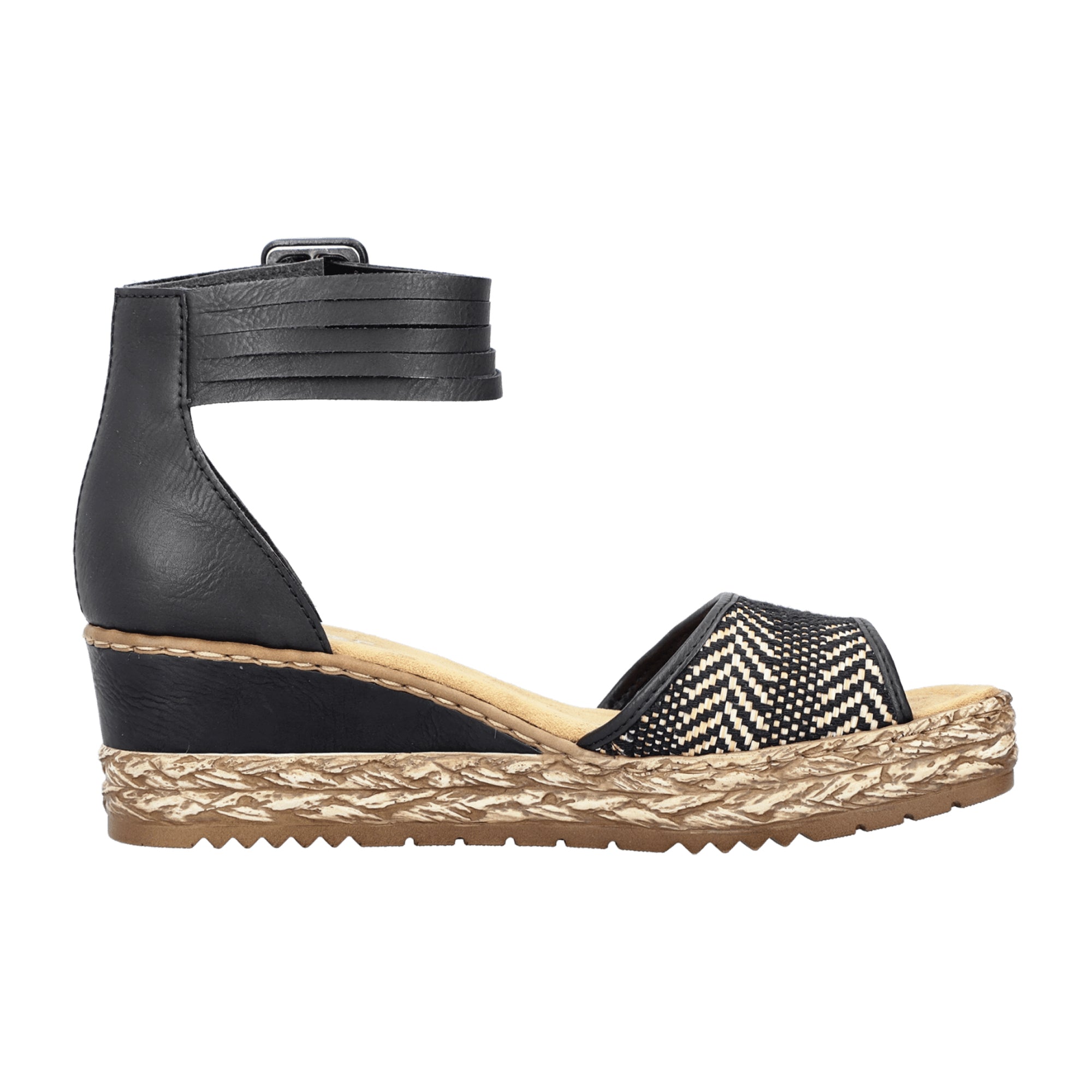 Rieker Black Women's Sandals with Wedge Heel and Velcro Strap