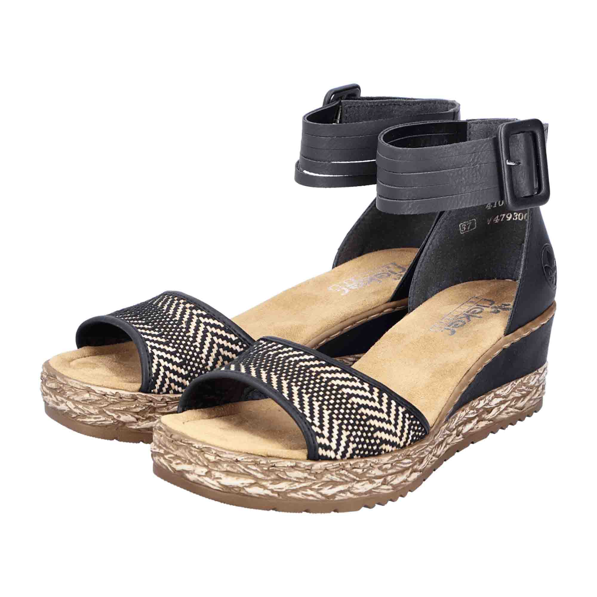 Rieker Black Women's Sandals with Wedge Heel and Velcro Strap - Bartel-Shop