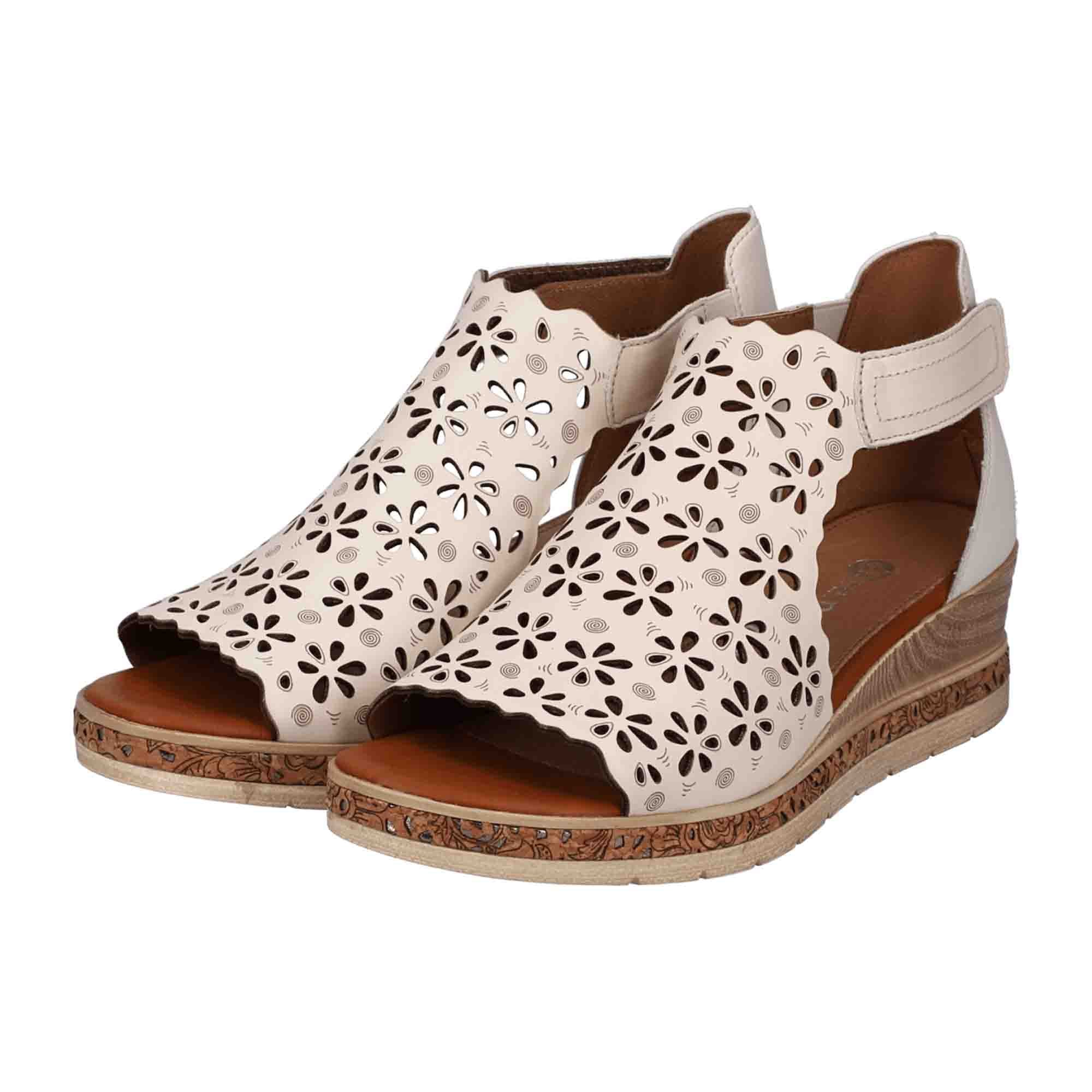 Remonte Women's Beige Leather Sandals with Velcro Closure and Wedge Heel