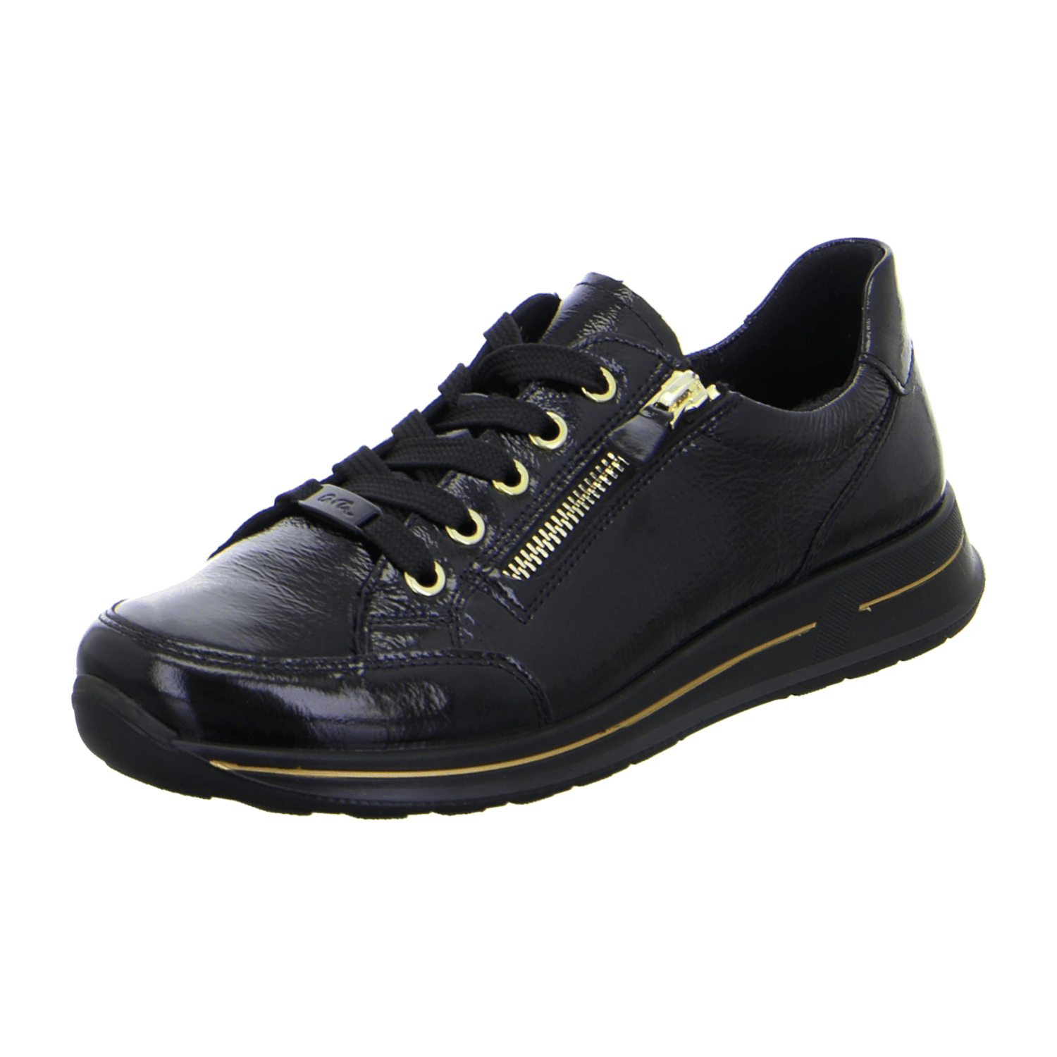 ARA Osaka Women's Lace-Up Sneakers in Black Patent Leather with Round Toe