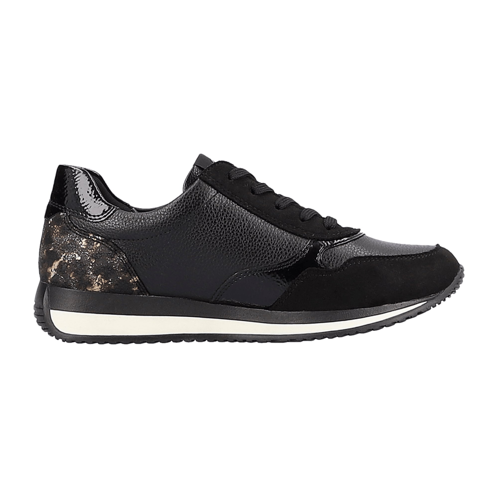 Remonte Women's Black Leather Shoes with Wedge Heel and Lace-Up Closure
