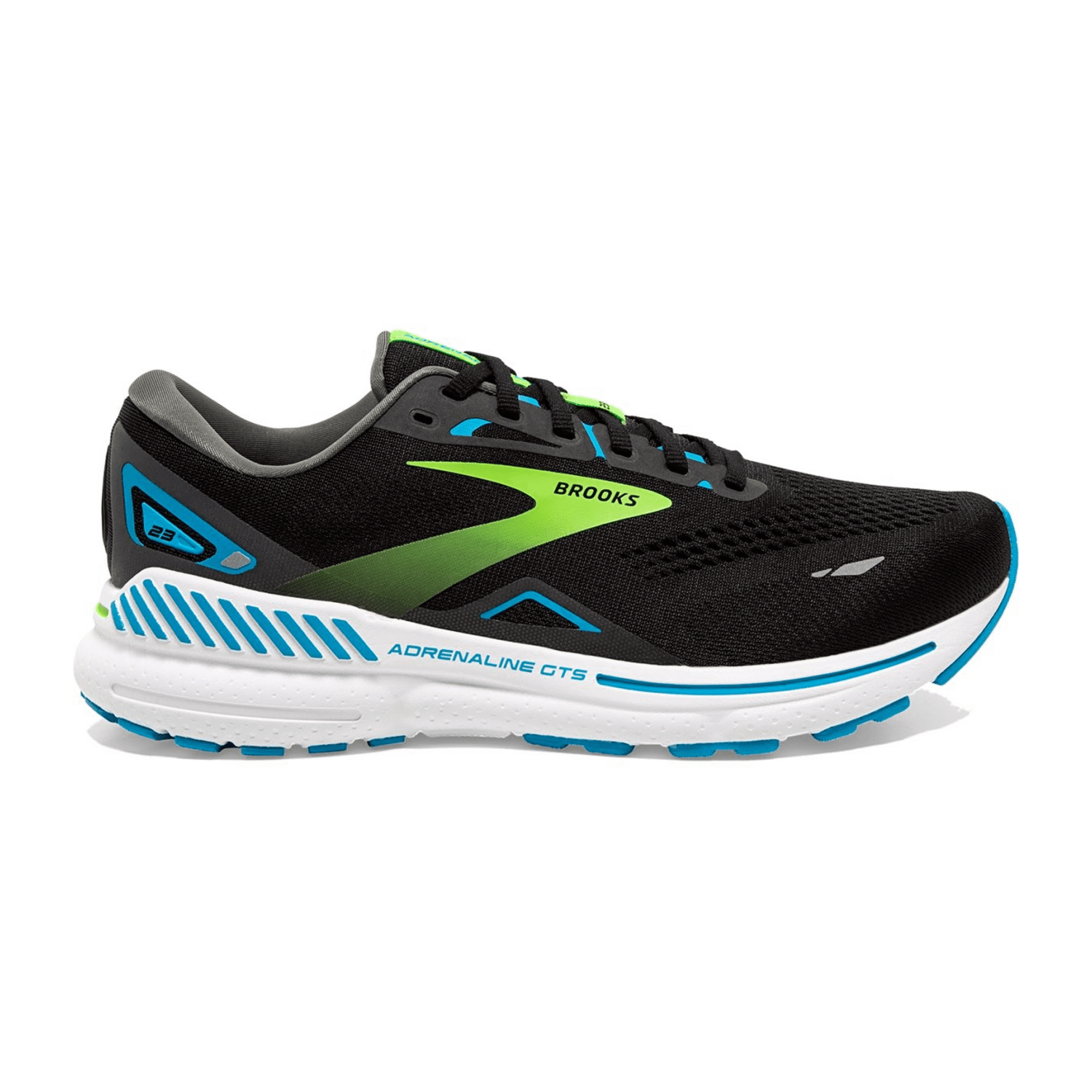 Brooks Men's Adrenaline GTS 23 Running Shoes in Black/Hawaiian Ocean Green, featuring a cotton mesh upper with breathable lining and durable rubber outsole.