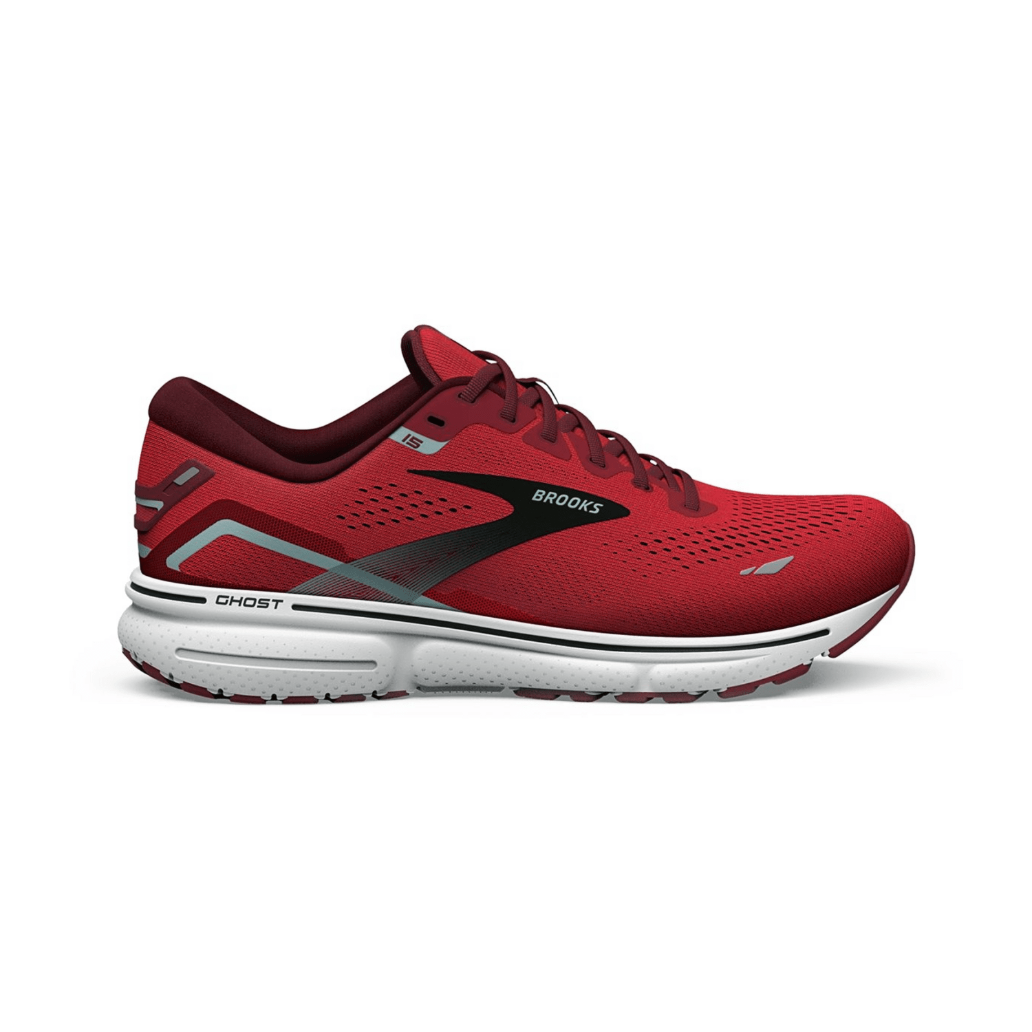 Brooks Men's Ghost 15 Running Shoes in Red Blue Haze White, Lace-Up, Textile Mesh Upper, Breathable Lining, Rubber Outsole
