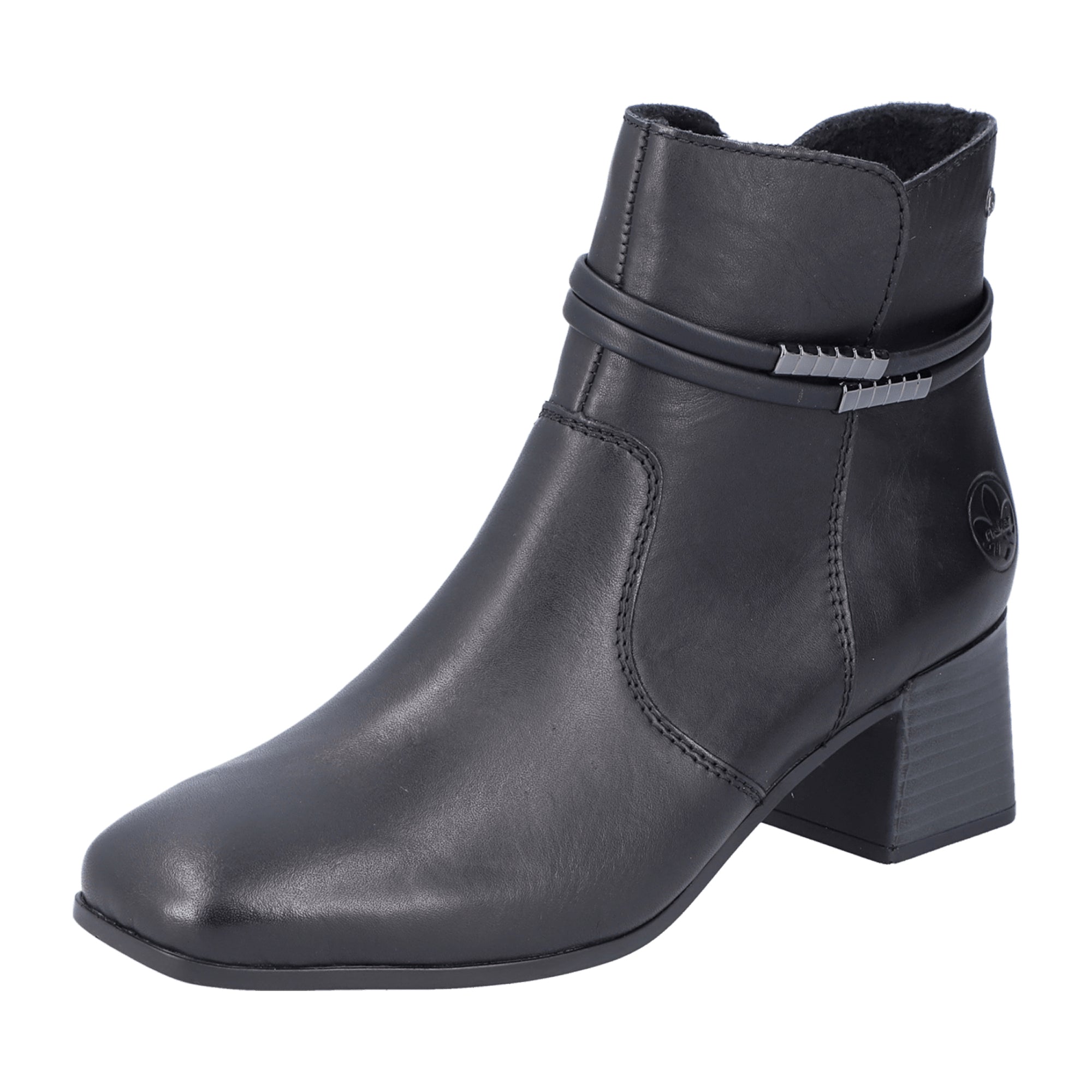 Rieker Women's Black Leather Ankle Boots with Block Heel and Zip Closure