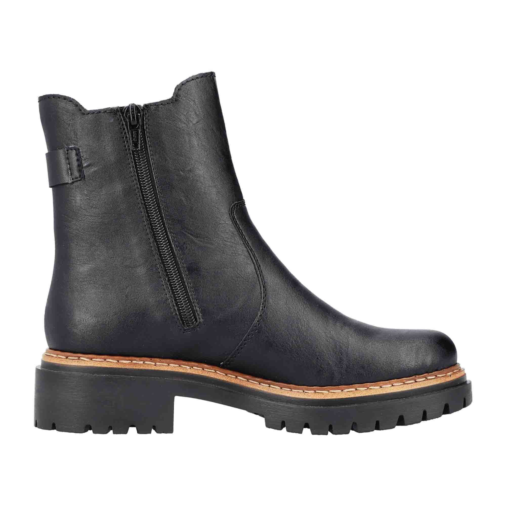Rieker Women's Black Ankle Boots with Block Heel and Zipper Closure